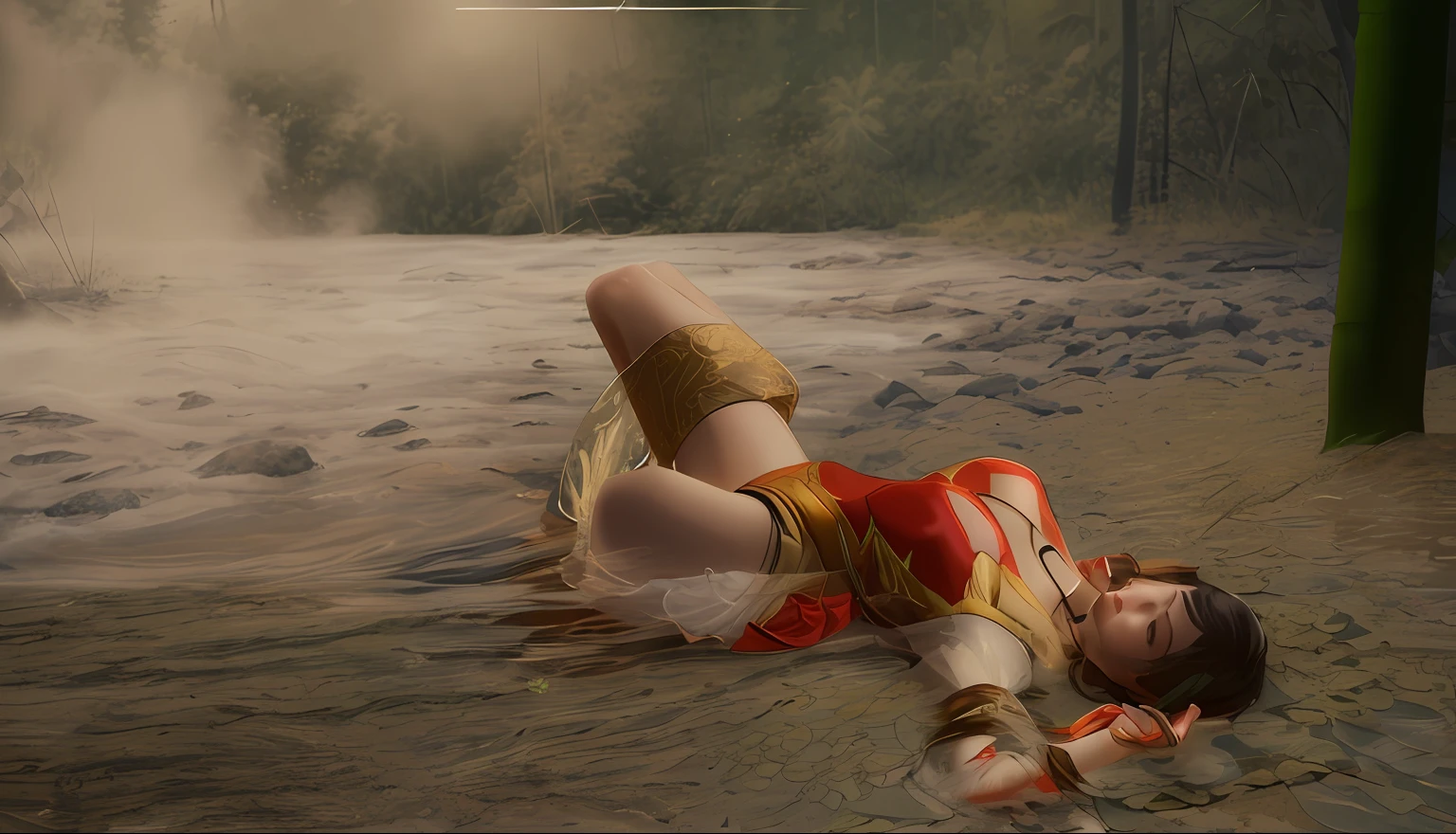 long hair, beauty, on her back, lying in the water, waterfall, secluded valley, green bamboo, 8Khd masterpiece, beautiful picture, extreme detail, highest image quality, masterpiece, 1080P clear and beautiful characters (fine facial portrayal, delicate and beautiful facial features) official art, clear and clean (very detailed CG unified 8k wallpaper), (best quality), (best illustration), (best shadow), glowing elves, natural elements in forest theme. Mysterious forest, beautiful forest, nature, surrounded by flowers, delicate leaves and branches surrounded by fireflies (natural elements), (jungle theme), (leaves), (branches), (fireflies), (particle effects) and other 3D, Octane rendering, ray tracing, super detailed