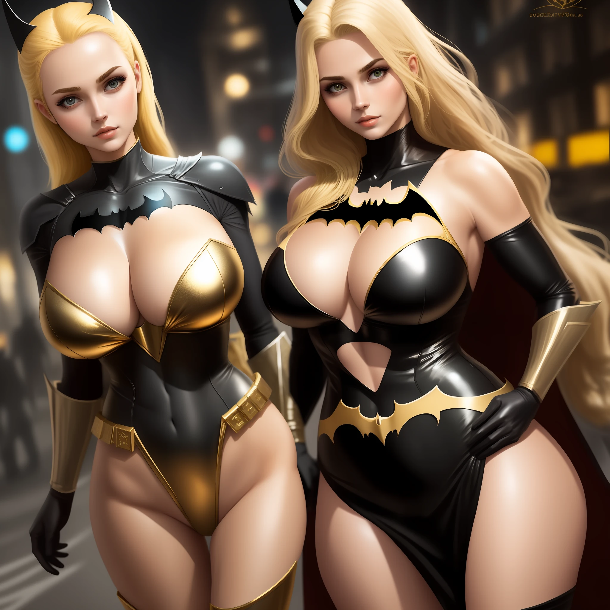 Beautiful blonde woman detailed defined body wearing gold batman cosplay, huge breasts, no panties