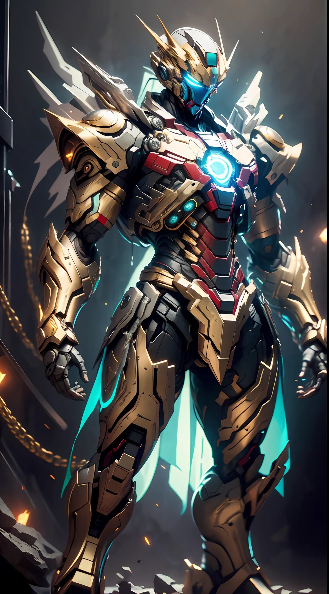 Golden Saint Seiya Limb Armor, Marvel Movie Iron Man Cuirass, (Gundam 00 Gundam Exia: 1.5), (Mecha) (Mechanical) (Armor), (Open Leg: 1.3), Perfect, (Wide Angle), (Black Background: 1.6), Best Quality, Masterpiece, Cyberpunk Style, Super Resolution, (Reality: 1.4), 1boy, broad shoulders, cold eyes, crazy details, (hip folds: 1.2), hands crossed at the waist, unrealistic engine style, Boca effect, David La Chapelle style lens, bioluminescent palette: light blue, light gold, bright white, light black, wide angle, super fine, cinematic still life, vibrant, Sakimichan style, perfect eyes, highest image quality 8K, inspired by Harry Winston, Canon EOS R 6 shooting masterpieces "Chaos 50,--, Under Eye Mole, Ray Tracing, Surrealism, Textured Skin, Metallic Shine, Facing the Viewer, On a Thunderous Night, Depth of Field, Full Body, Unreal Engine 5