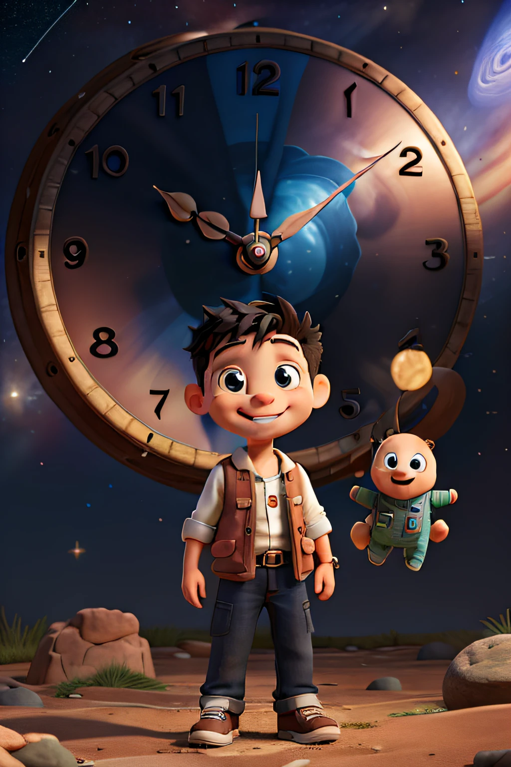 Masterpiece, best quality, child, boy, white, black hair, smile, explorer, exploring space and time, a fun giant clock.