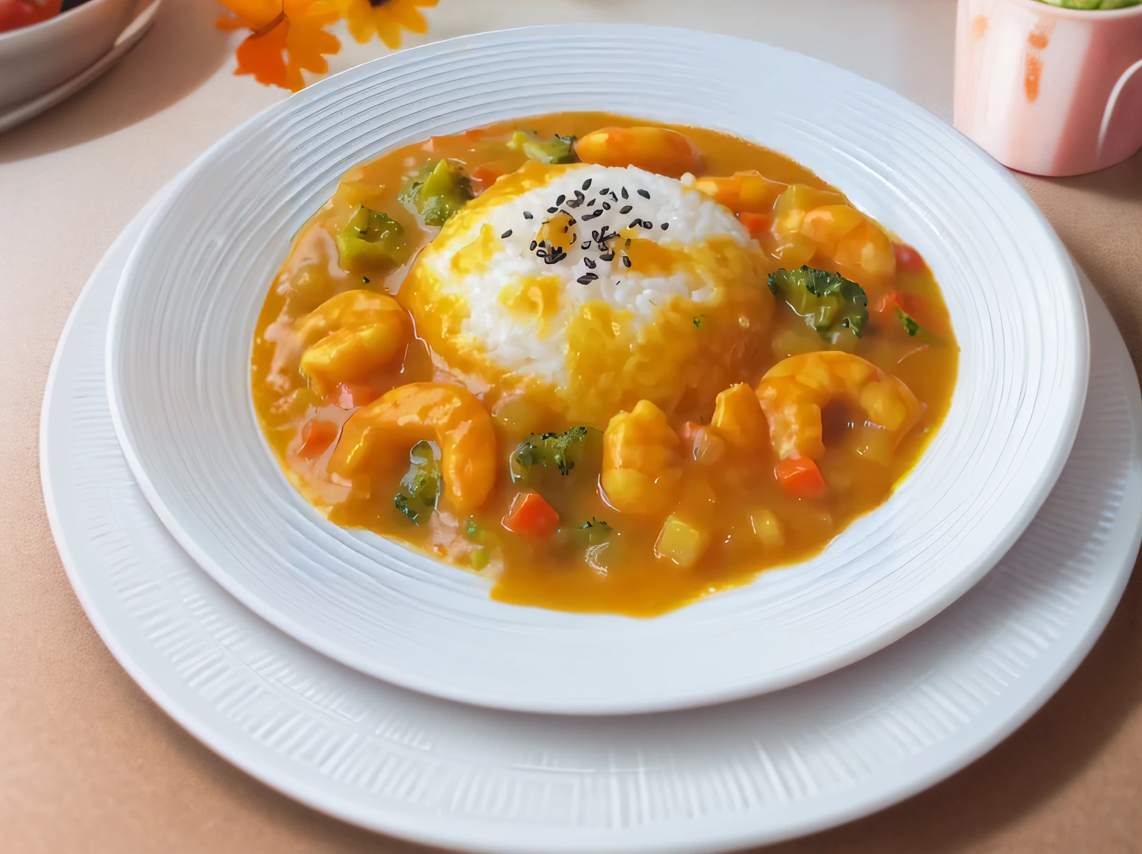 there is a white plate with a bowl of food on it, けもの, ❤🔥🍄🌪, yummy, inspired by John Steuart Curry, 🪔 🎨;🌞🌄, ori, food commercial 4 k, served on a plate, with a soft, shrimp, 4 0 9 6, super realistic food picture, healthy