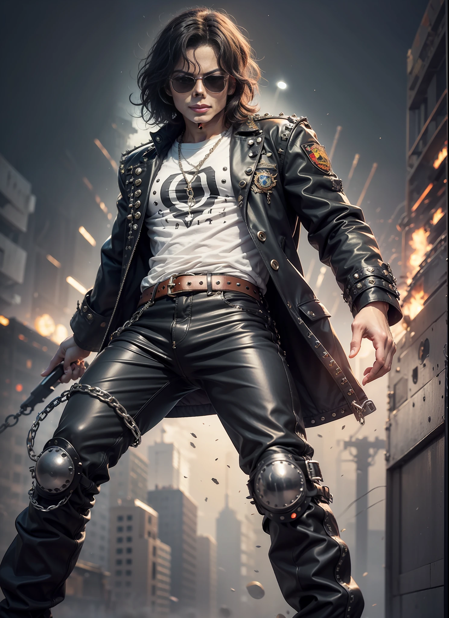 Michael jackson, sunglasses, black pants with rivets, 1 black belt, long coat, long t-shirt, rivets, holster, rivets, chains, just one body, front view, night, explosions behind, plays electric guitar