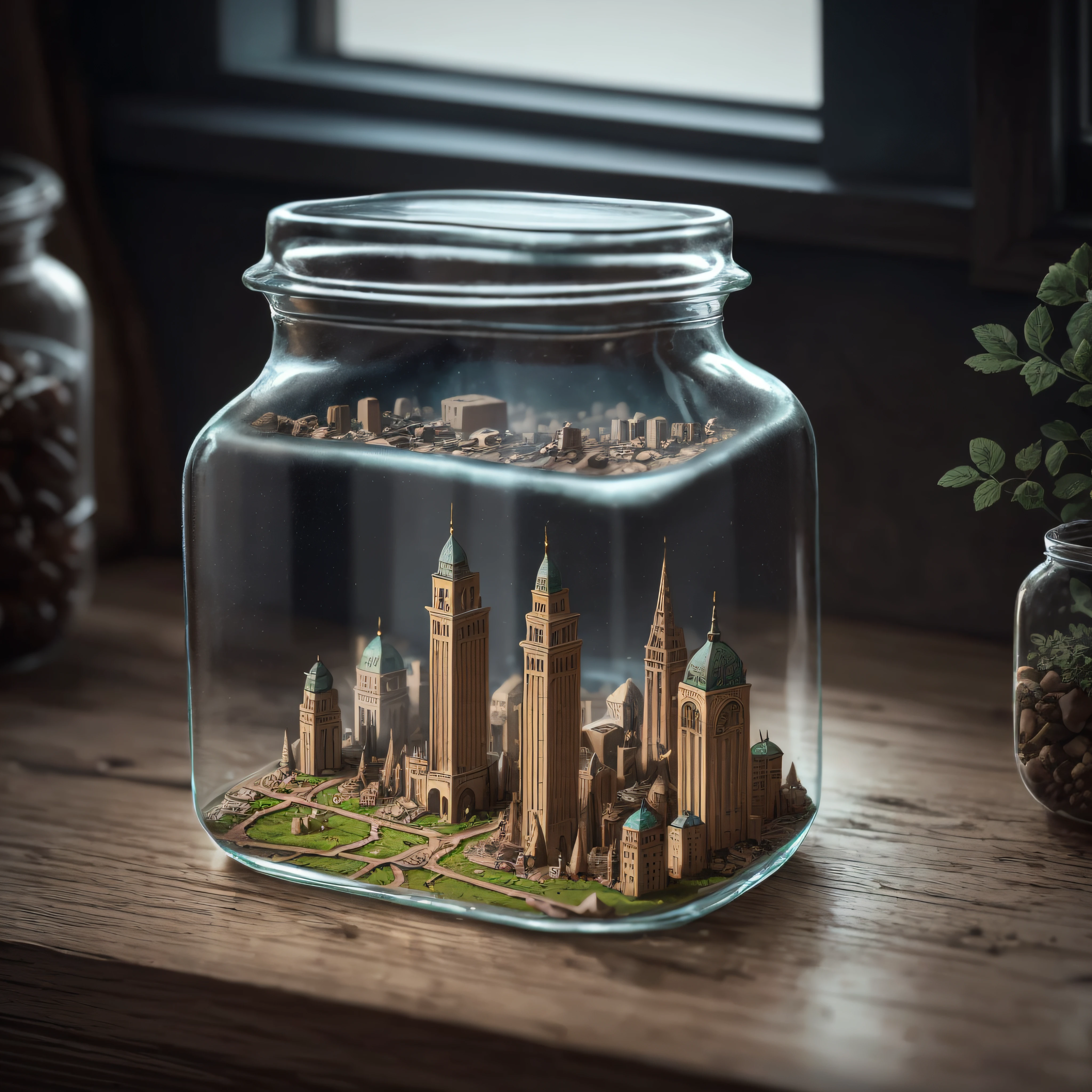 buried city tucked inside a square glass jar with lid, placing on the windowsill, extremely detailed, 8K, apocalyptic punk style, miniatures, macro photography in close-up --auto