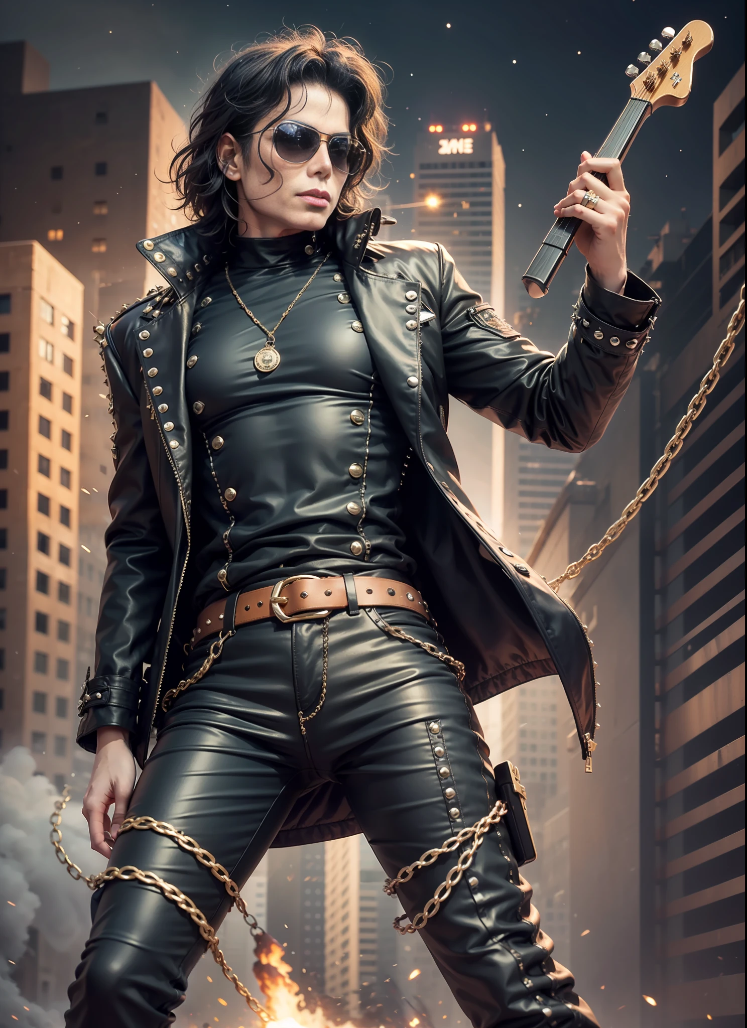 Michael jackson, sunglasses, black pants with rivets, 1 black belt, long coat, long t-shirt, rivets, holster, rivets, chains, just one body, front view, night, explosions behind, plays electric guitar