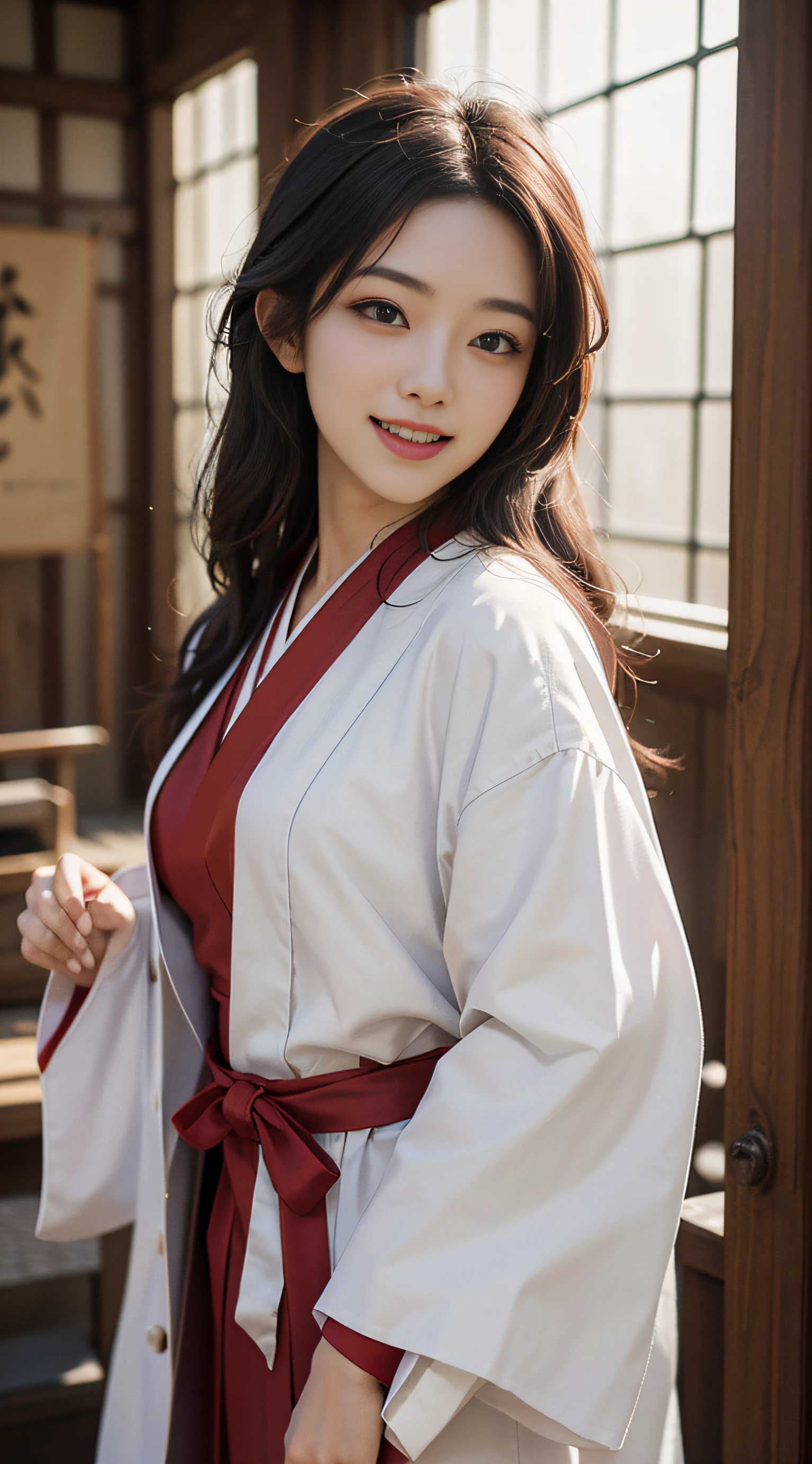 Best quality, ultra high resolution, masterpiece, photo quality (photorealistic photo: 1.8), pores, precision, priestess, priestess uniform, pure white light lab coat, red hakama, red sleeve, Japan woman, one woman, facing right, japanes_shrine,19 years old, laughing,