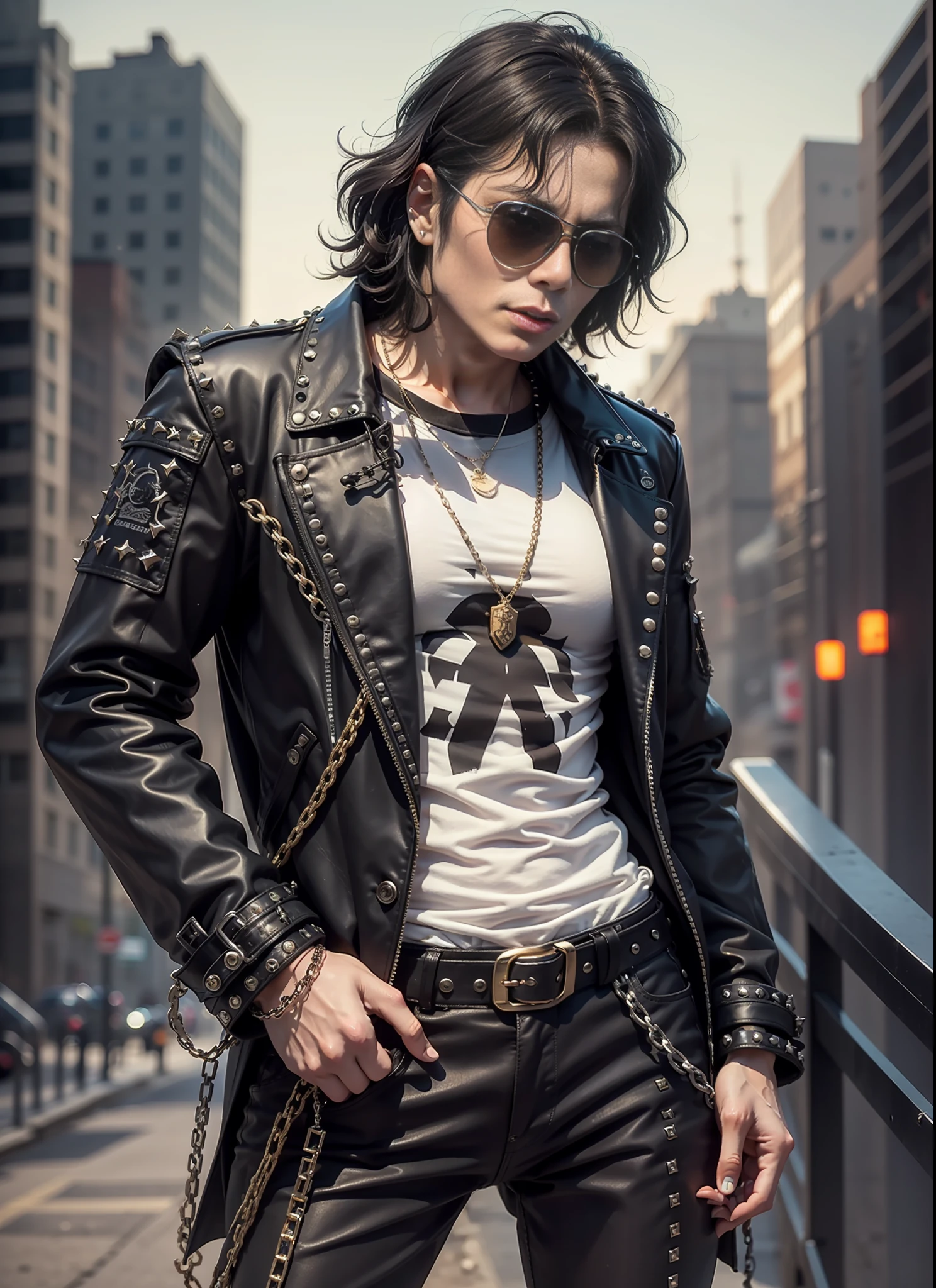 Michael jackson, sunglasses, black pants with rivets, 1 black belt, long coat, long t-shirt, rivets, holster, rivets, chains, just one body, front view, night, explosions behind, plays electric guitar