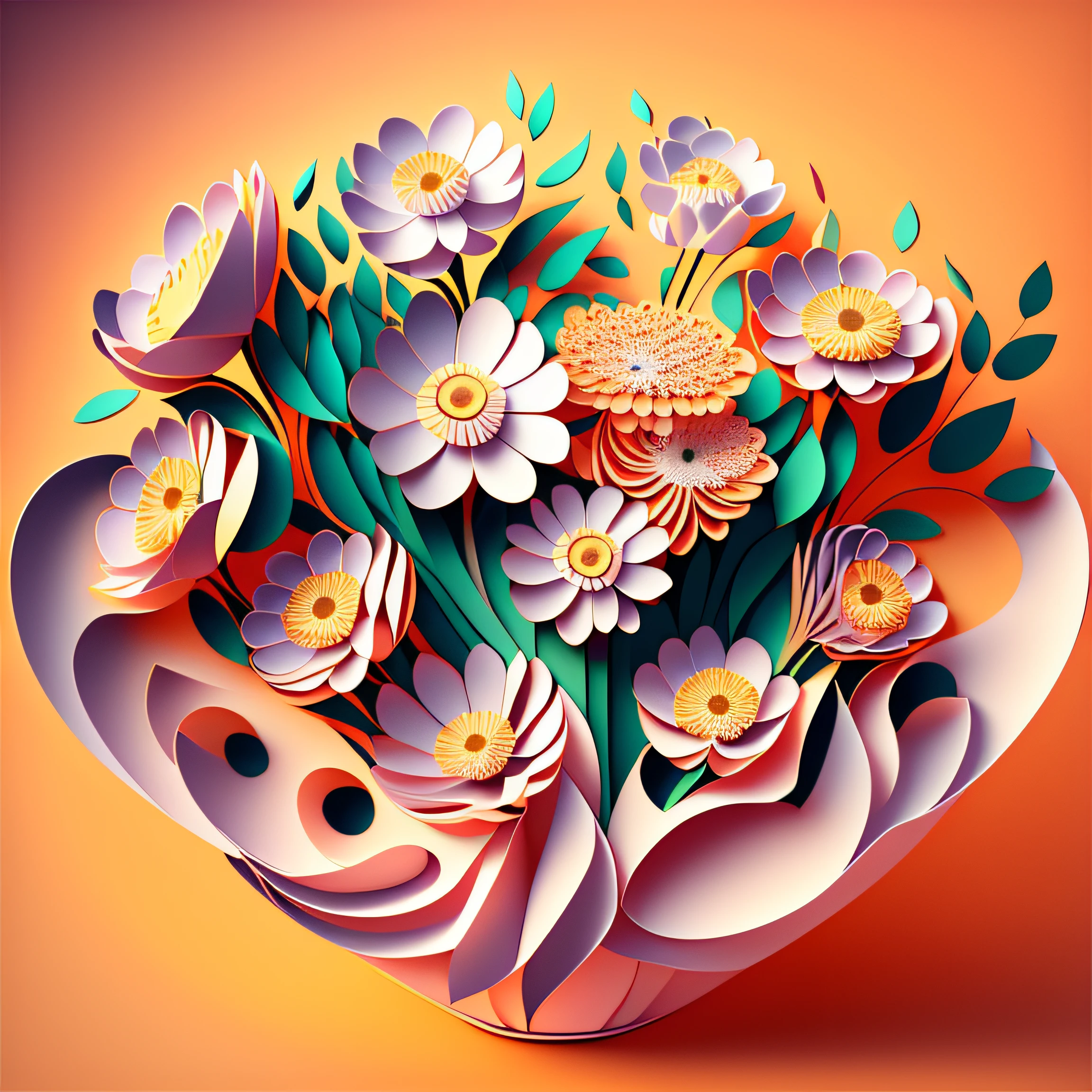 bouquet of daisies on a light background, cute daisies painted in kirigami style, many petals, delicate flowers, hyper detailed, soft light, many details, 3D, 8K