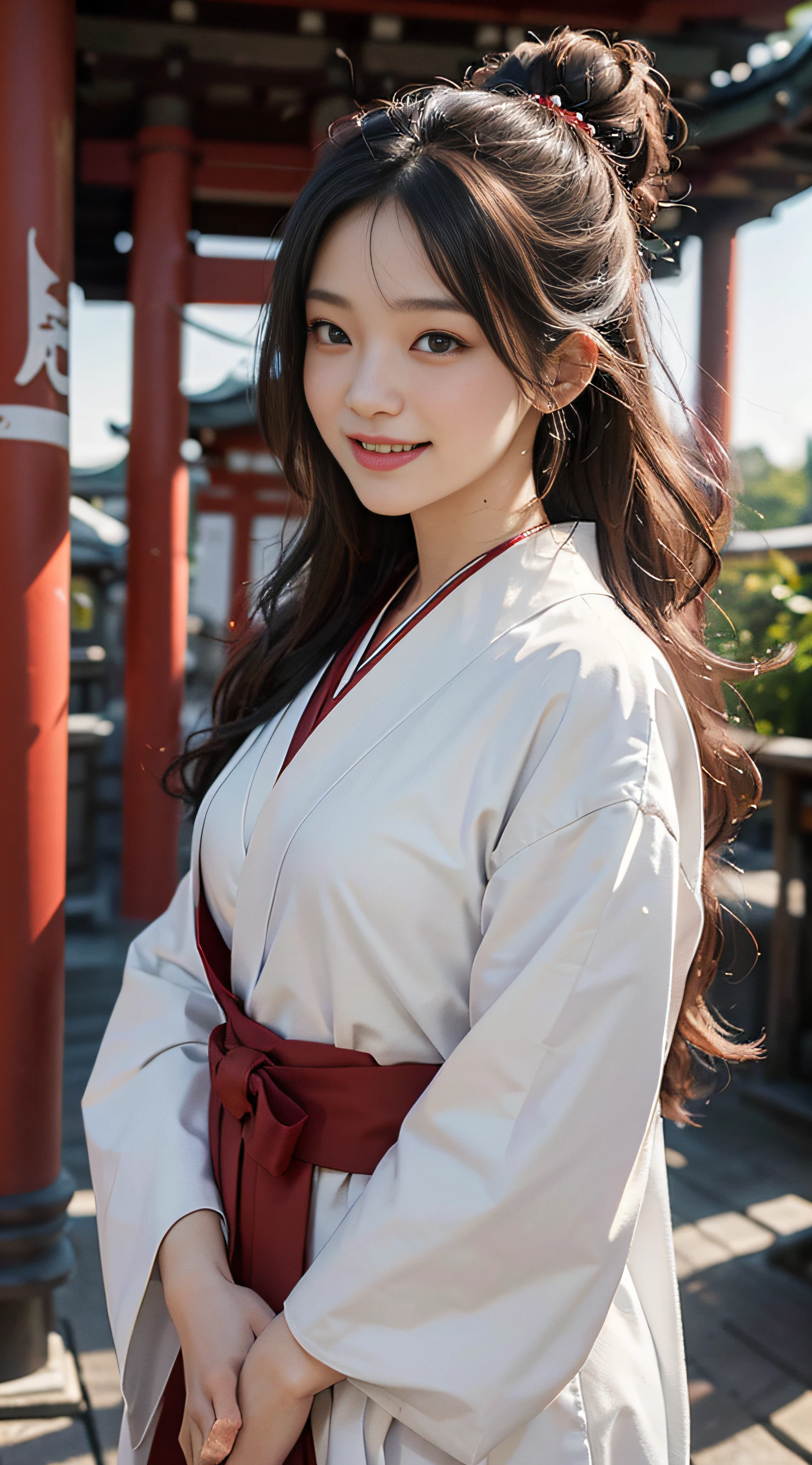 Best quality, ultra high resolution, masterpiece, photo quality (photorealistic photo: 1.8), pores, precision, priestess, priestess uniform, pure white light lab coat, red hakama, red sleeve, Japan woman, one woman, facing right, japanes_shrine,19 years old, laughing,