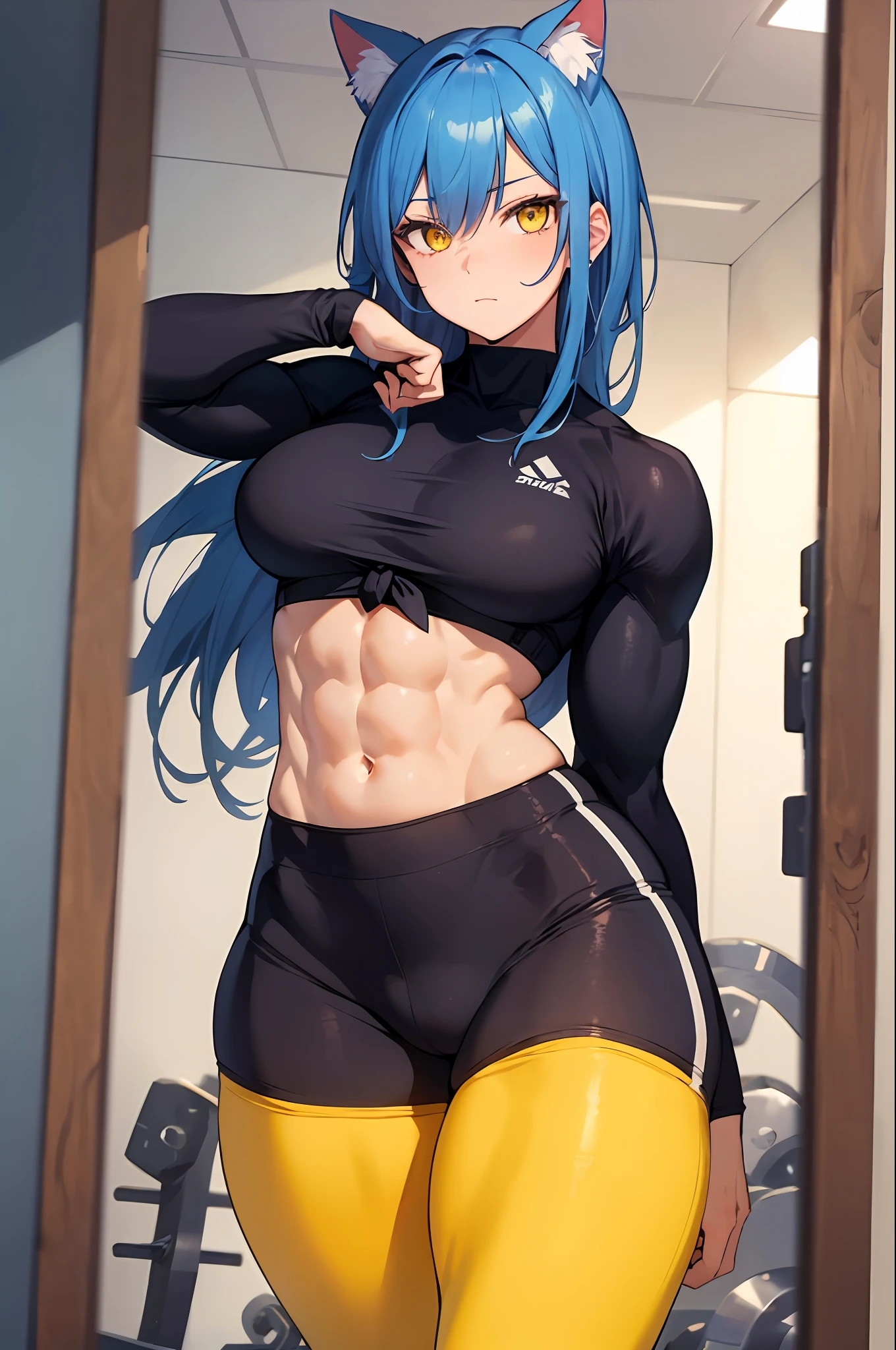 Masterpiece,best quality,high resolution,30 year old woman,blue hair,tied hair,beautiful face,yellow eyes,bright eyes,cat ears,perfect body,athletic body,milf,bodybuilder pose, small breasts, thick thighs,big ass,round buttocks,bodybuilder,jacket on top,bra, leggings,standing,expression of pleasure, inside the room