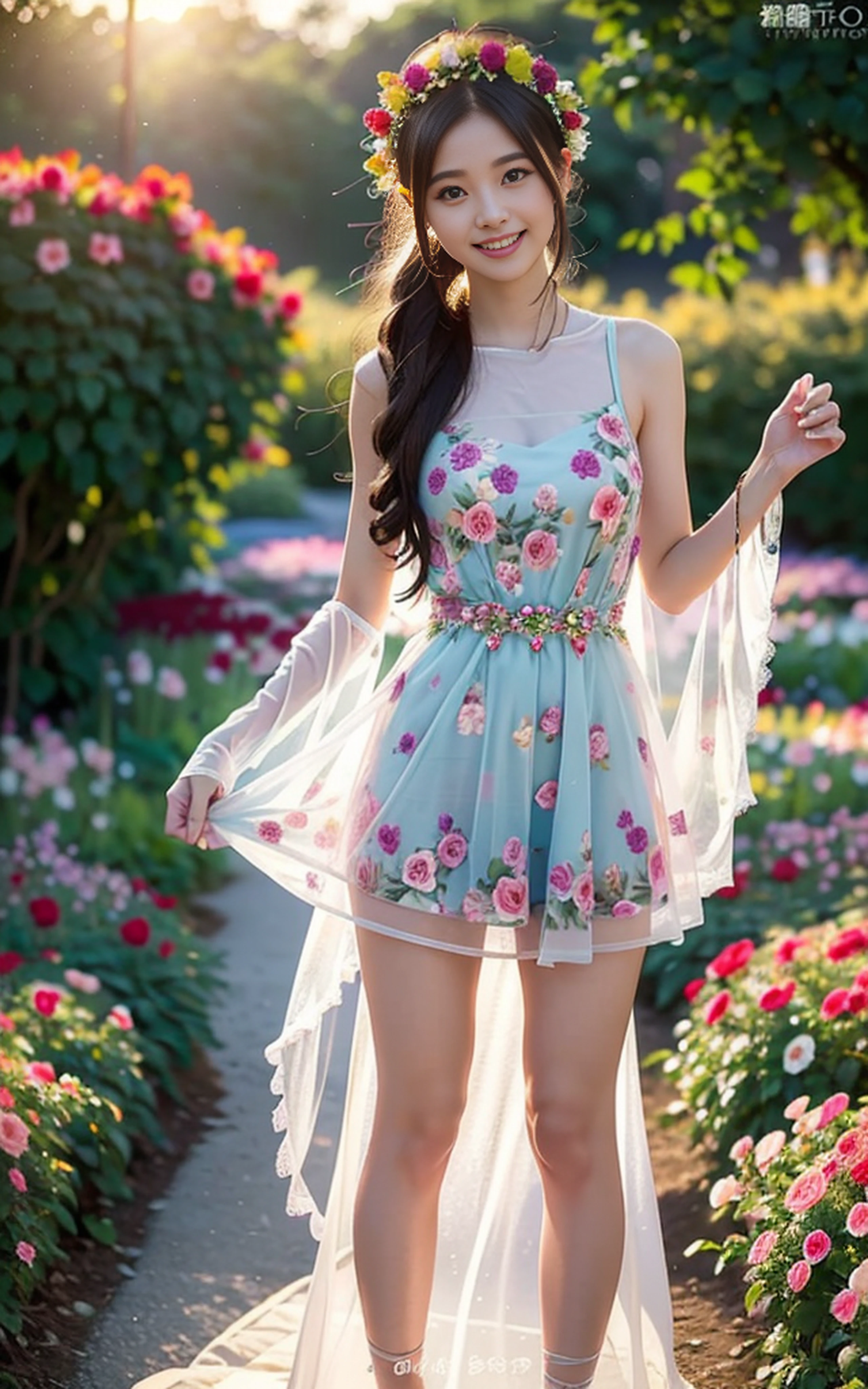 Full body photo,((((Slim body)))),20 years old, twilight rays, underwear visible,sheer summer dress,flower crown,((Tokugawaen))), rose front bokeh, bokeh, photorealistic, surrounded by colorful roses,((smiling))))(1 girl), (sunset:1.3), (8k, raw photography, best quality, masterpiece:1.2), (realistic, photorealistic:1.37), Best Quality, Ultra High Definition,(Standing in a Flower Garden:1.3), (Bright and Colorful:1.3)