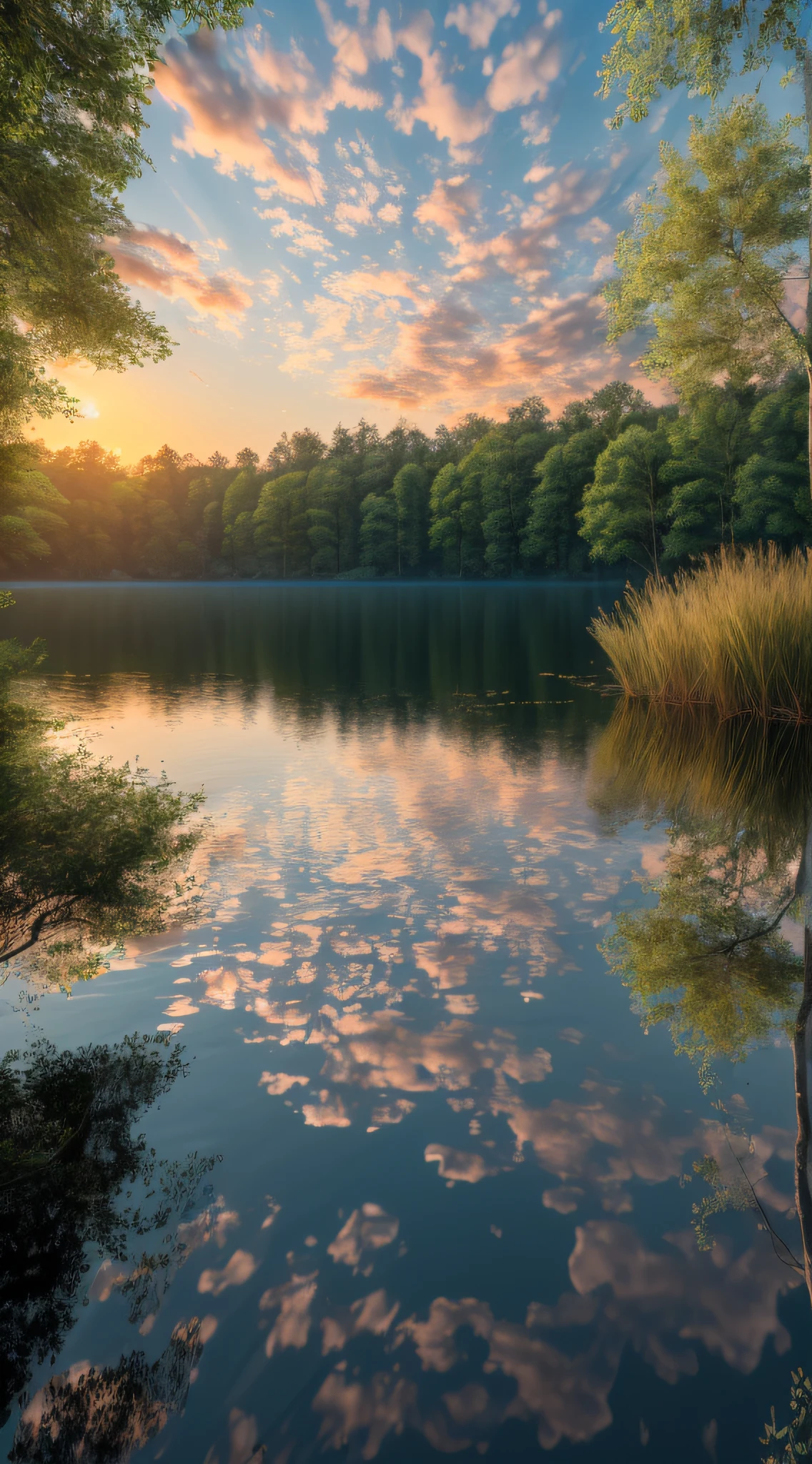 Wallpaper, summer, lake, dawn, forest, clouds, dawn background, depth of field, HD detail, hyperdetail, cinematic, soft light, deep field focus bokeh, ray tracing, diffuse (ultra-fine glass reflection) and realism. --v6