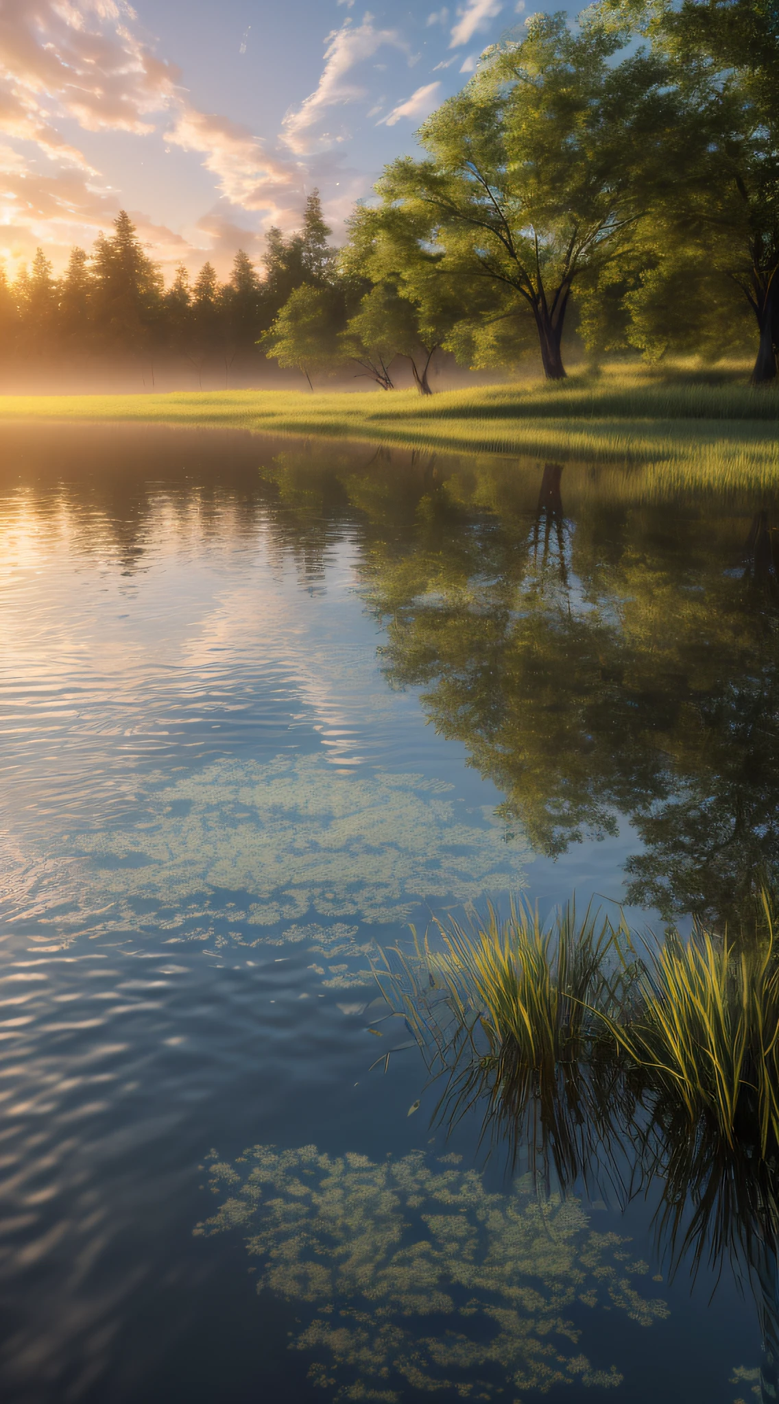 Wallpaper, summer, lake, dawn, forest, clouds, dawn background, depth of field, HD detail, hyperdetail, cinematic, soft light, deep field focus bokeh, ray tracing, diffuse (ultra-fine glass reflection) and realism. --v6