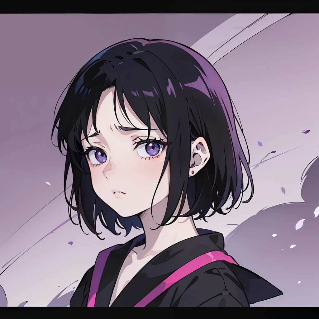 ((masterpiece)), ((best quality)), ((anime)), ((old effect)), ((90s anime)), girl, pale skin, ((dark eye)), (( perfect)), eyebrow, nose, ear, mouth, lips, ((sad)), short black hair, ((dark lilac background)), lascivious,