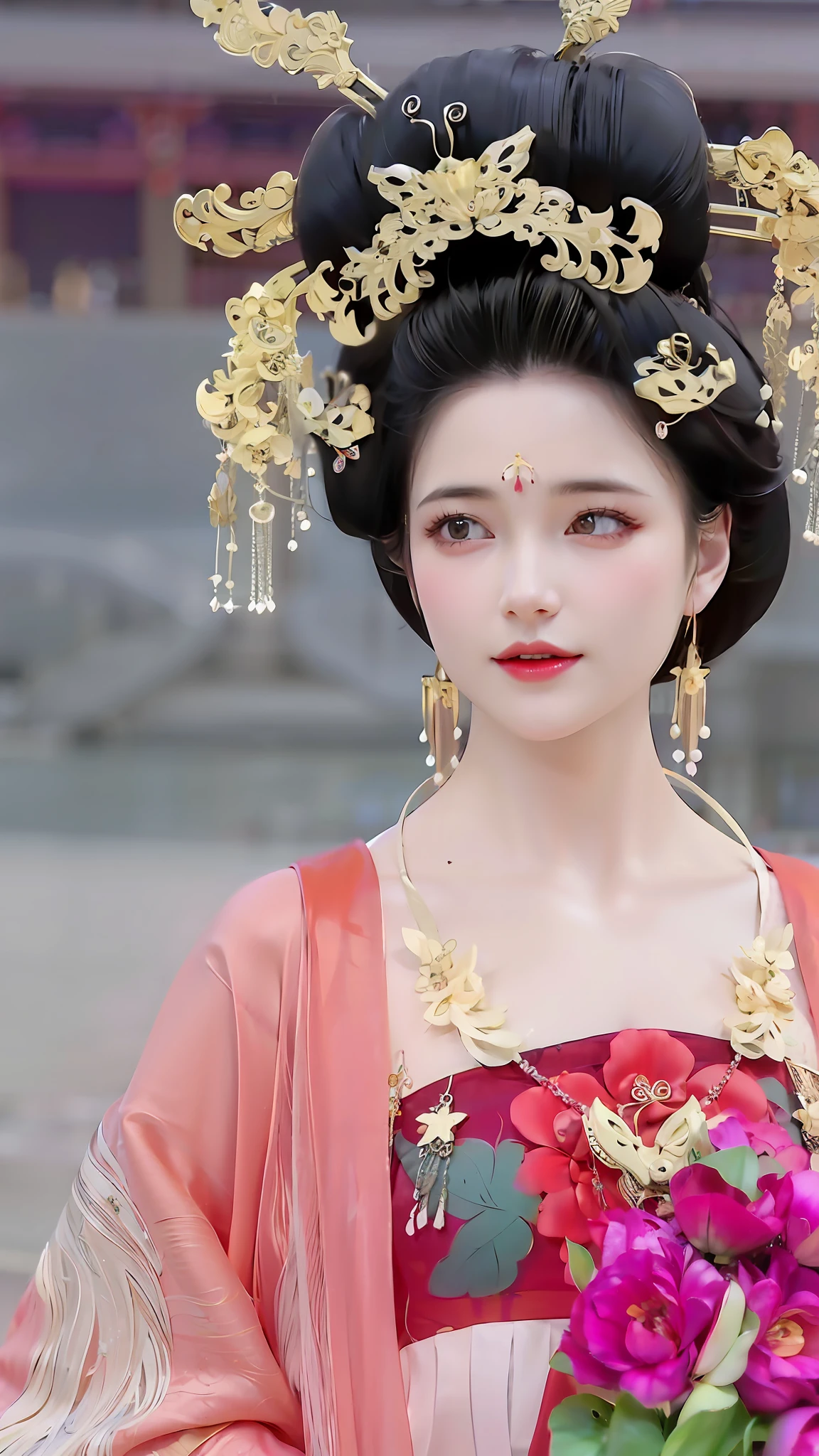 araffe woman in a traditional chinese dress holding a bouquet of flowers, palace ， a girl in hanfu, ancient chinese princess, chinese princess, a beautiful fantasy empress, beautiful render of tang dynasty, chinese style, ancient asian dynasty princess, ancient chinese beauties, ((a beautiful fantasy empress)), chinese girl, chinese empress, traditional beauty, beautiful goddess