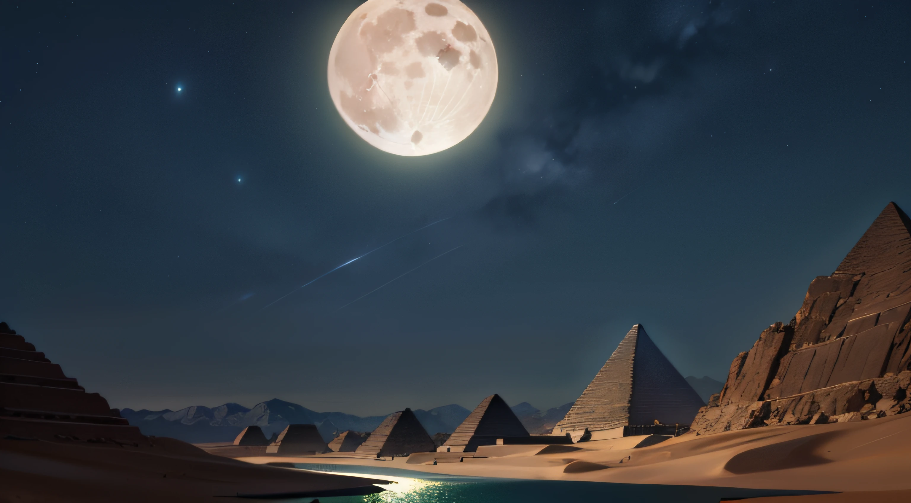night, fantastic atmosphere, big moon, moonlit night, moonlight, clear air, desert, pyramid, night, swaying hapyrus, big moon, river flowing