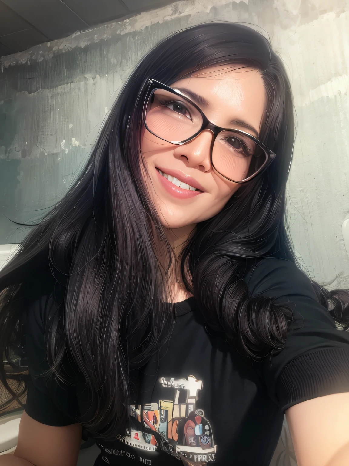 Smiling woman with glasses and black shirt sitting on a toilet, by Nándor Katona, long wavy white hair and glasses, Alanis Guillen, looks like Fabiula Nascimento, Fernanda Suarez, Andrea Rocha, frontal photo, by Maria Helena Vieira da Silva, inspired by Maria Helena Vieira da Silva, 65 years old Brazilian mother