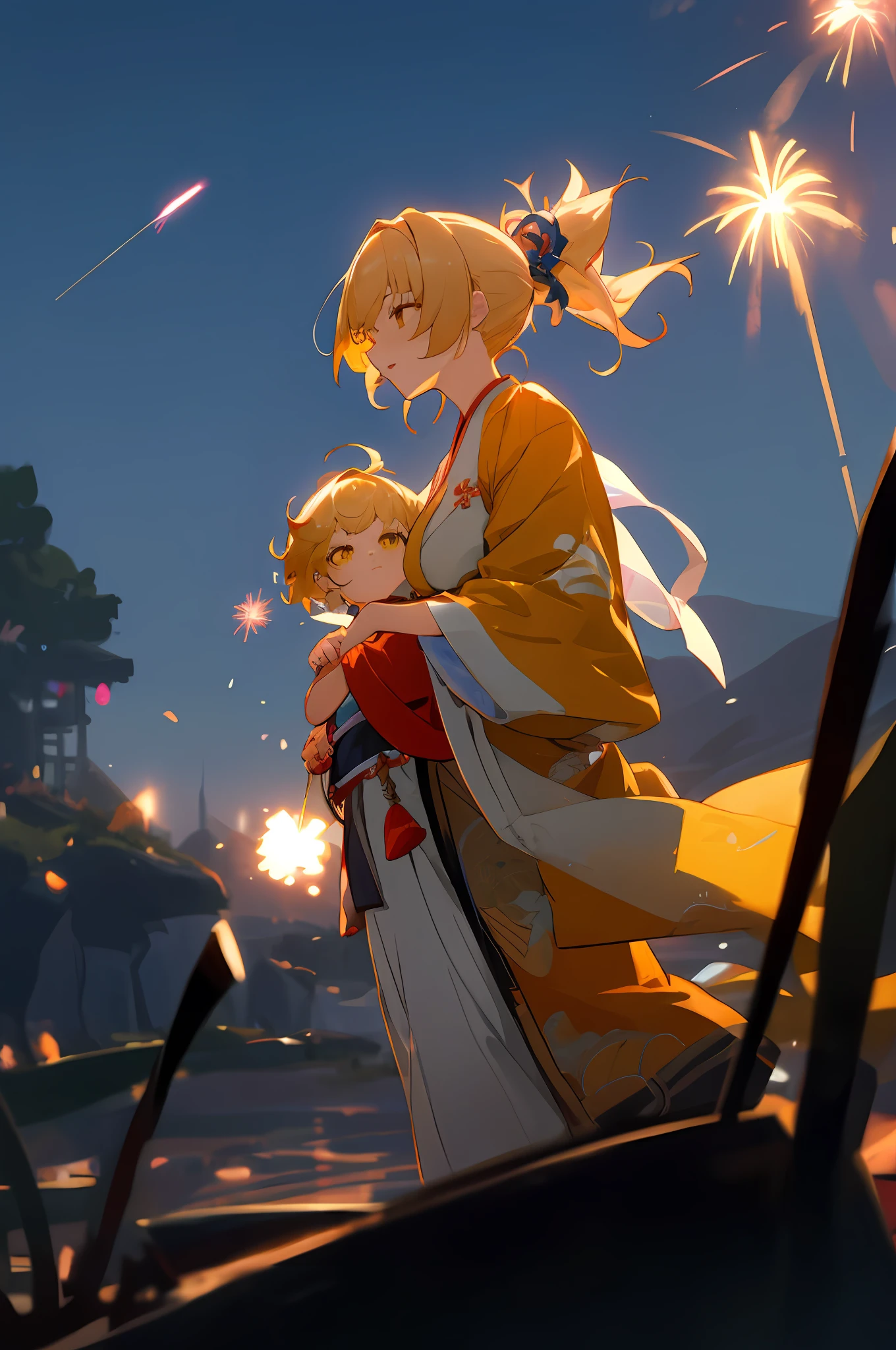 anime image of two women dressed in traditional japanese clothing in japanese village, palace  a girl in hanfu, wlop and sakimichan, yellow haired deity, characters from azur lane, anime fantasy illustration, from the azur lane videogame, genshin, artwork in the style of guweiz, yoimiya detailed art, two beautiful anime girls, yellow hair, mother and child, Hair: blond hair, ponytail, rim lighting, night, fireworks, looking up, lightened face, firework