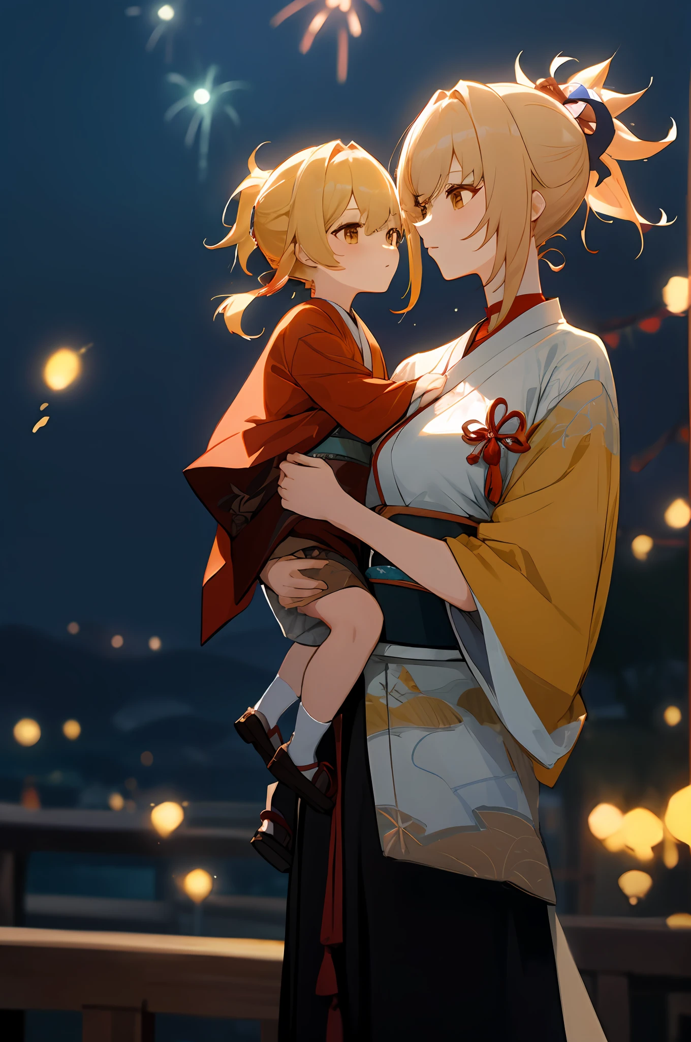 anime image of two women dressed in traditional japanese clothing in japanese village, palace a girl in hanfu, wlop and sakimichan, yellow haired deity, characters from azur lane, anime fantasy illustration, from the azur lane videogame, genshin, artwork in the style of guweiz, yoimiya detailed art, two beautiful anime girls, yellow hair, mother and child, Hair: blond hair, ponytail, rim lighting, night, fireworks, looking up, lightened face, firework