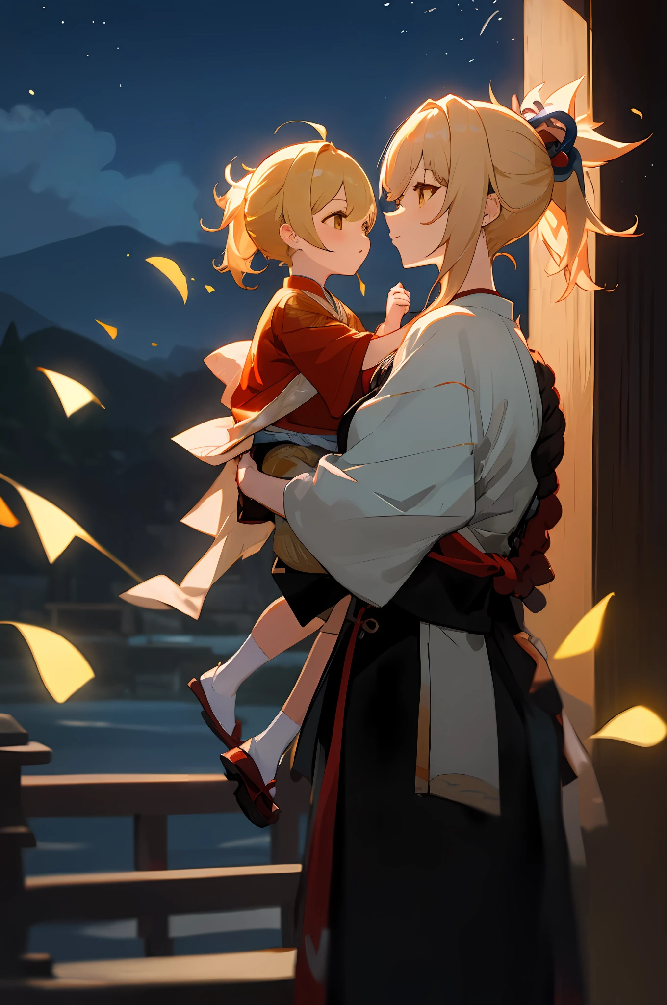 anime image of two women dressed in traditional japanese clothing in japanese village, palace  a girl in hanfu, wlop and sakimichan, yellow haired deity, characters from azur lane, anime fantasy illustration, from the azur lane videogame, genshin, artwork in the style of guweiz, yoimiya detailed art, two beautiful anime girls, yellow hair, mother and , Hair: blond hair, ponytail, rim lighting, night, fireworks, looking up, lightened face, firework