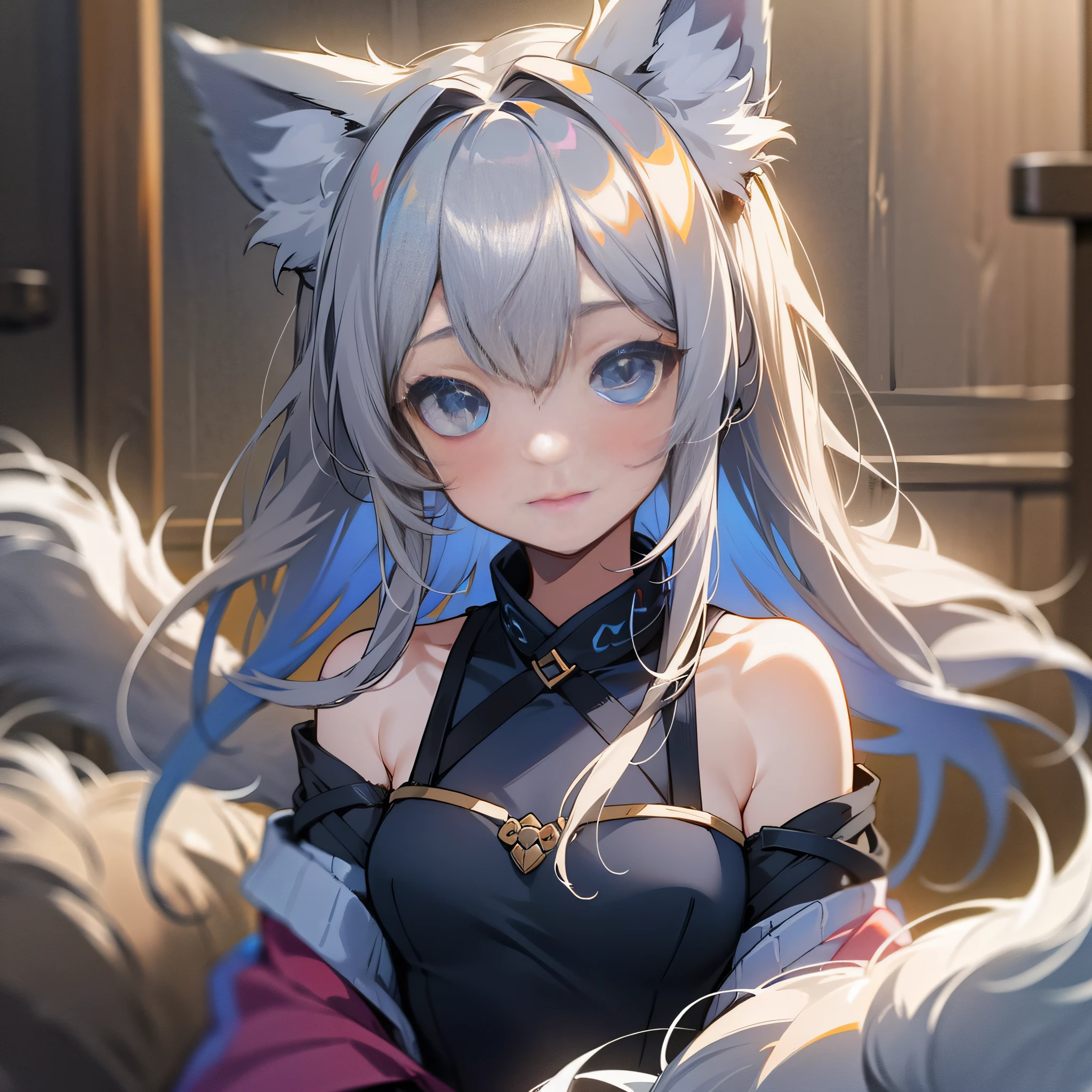 (1 girl), (gentle), (HD quality, masterpiece level), cute teen characters, dark gray hair, blue eyes, (wolf ears), (wolf tail), one tail, (no ears), (little girl), (ear covered), (hair covered ears), face camera, tachi-e,