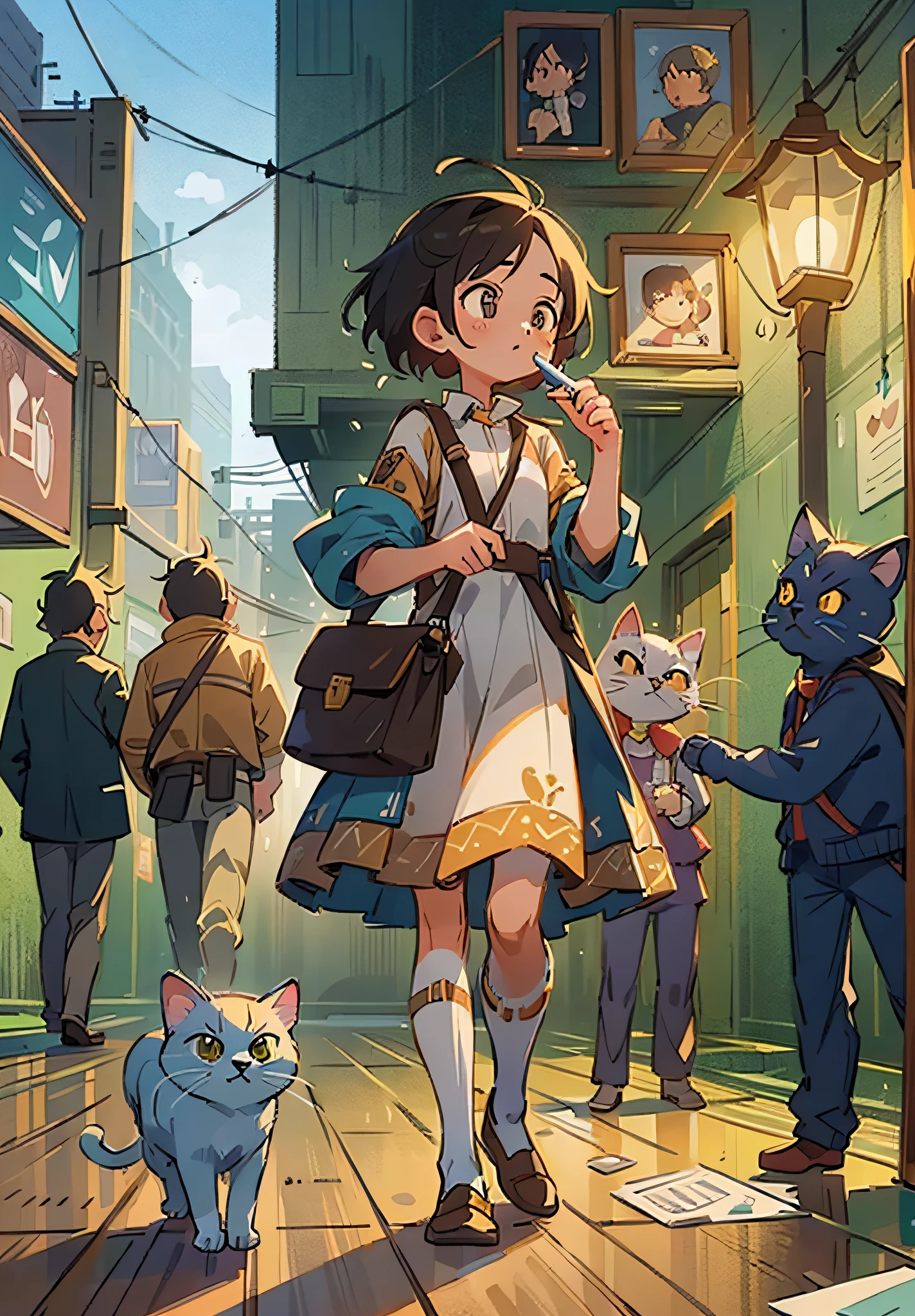 (masterpiece, top quality: 1.3), reflections, highly detailed, (highly detailed CG Unity 8k wallpaper), cinematic lighting, detailed backgrounds, dramatic, cute one girl saves cat, healing, crowd,