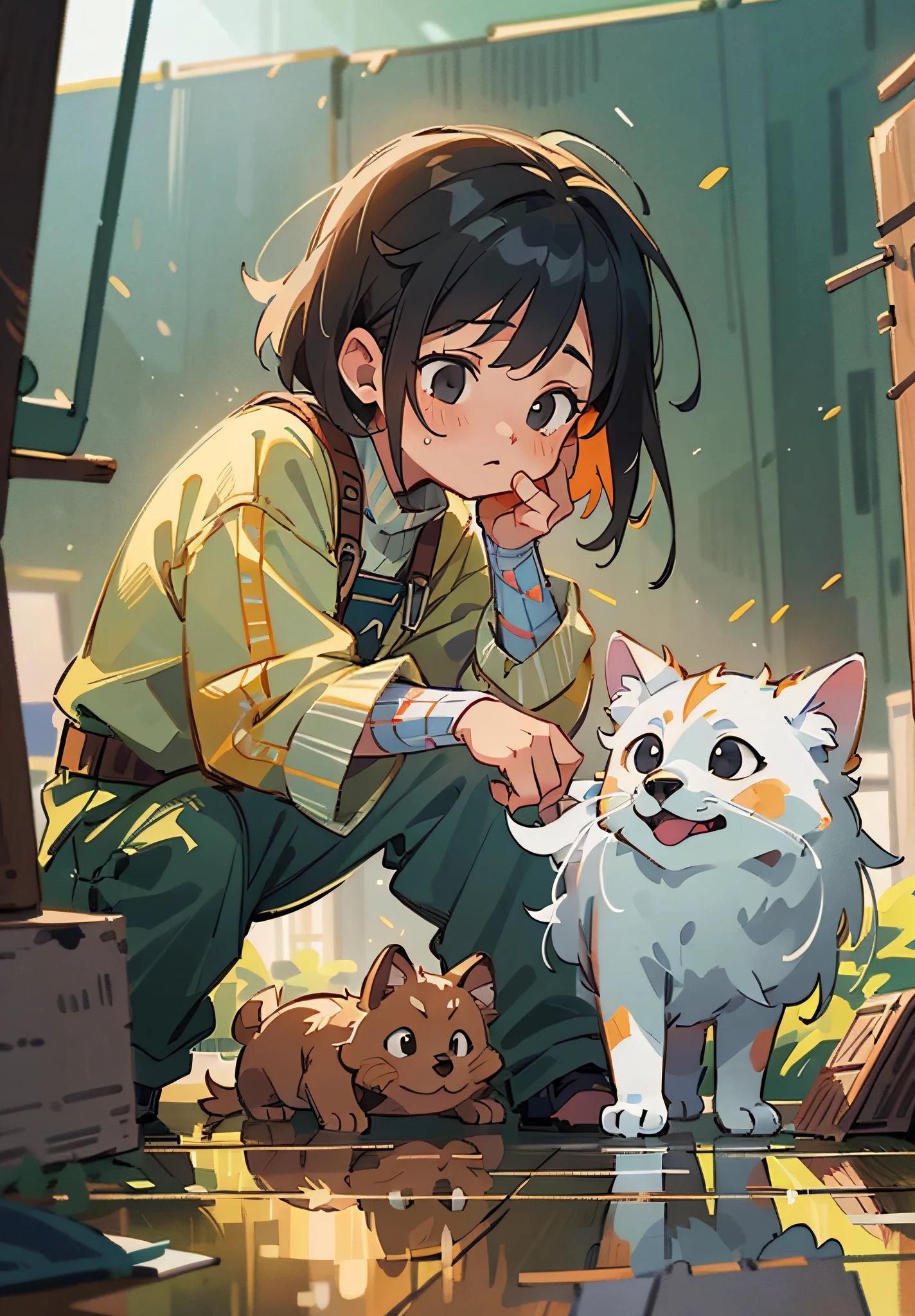 (Masterpiece, Best Quality: 1.3), Reflection, Very Detailed, (Very Detailed CG Unity 8k wallpaper), Cinematic lighting, detailed background, Dramatic, A cute 1 girl saving dog, healing, crowd,