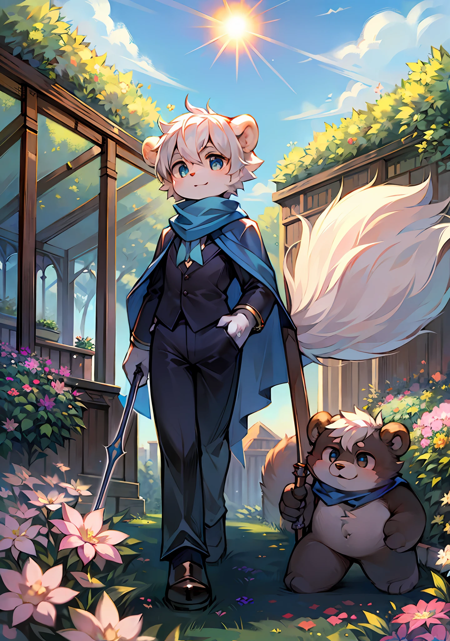 White Hair, Bear Type, Bear Ears, Garden, Magician, Day, Sun, Sky, Blooming Flowers, Staff with Super Cute Face, Blue Scarf, Lone Boy Walking, High Quality Portrait, No Spots, Cub, Humanoid, Full Shot, Pose