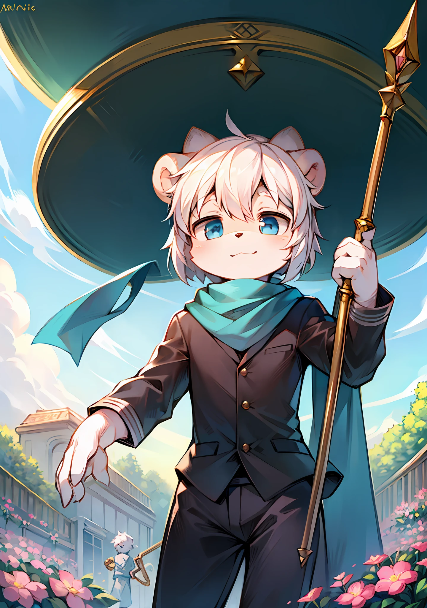 White Hair, Bear Type, Bear Ears, Garden, Magician, Day, Sun, Sky, Blooming Flowers, Staff with Super Cute Face, Blue Scarf, Lone Boy Walking, High Quality Portrait, No Spots, Cub, Humanoid, Full Shot, Pose