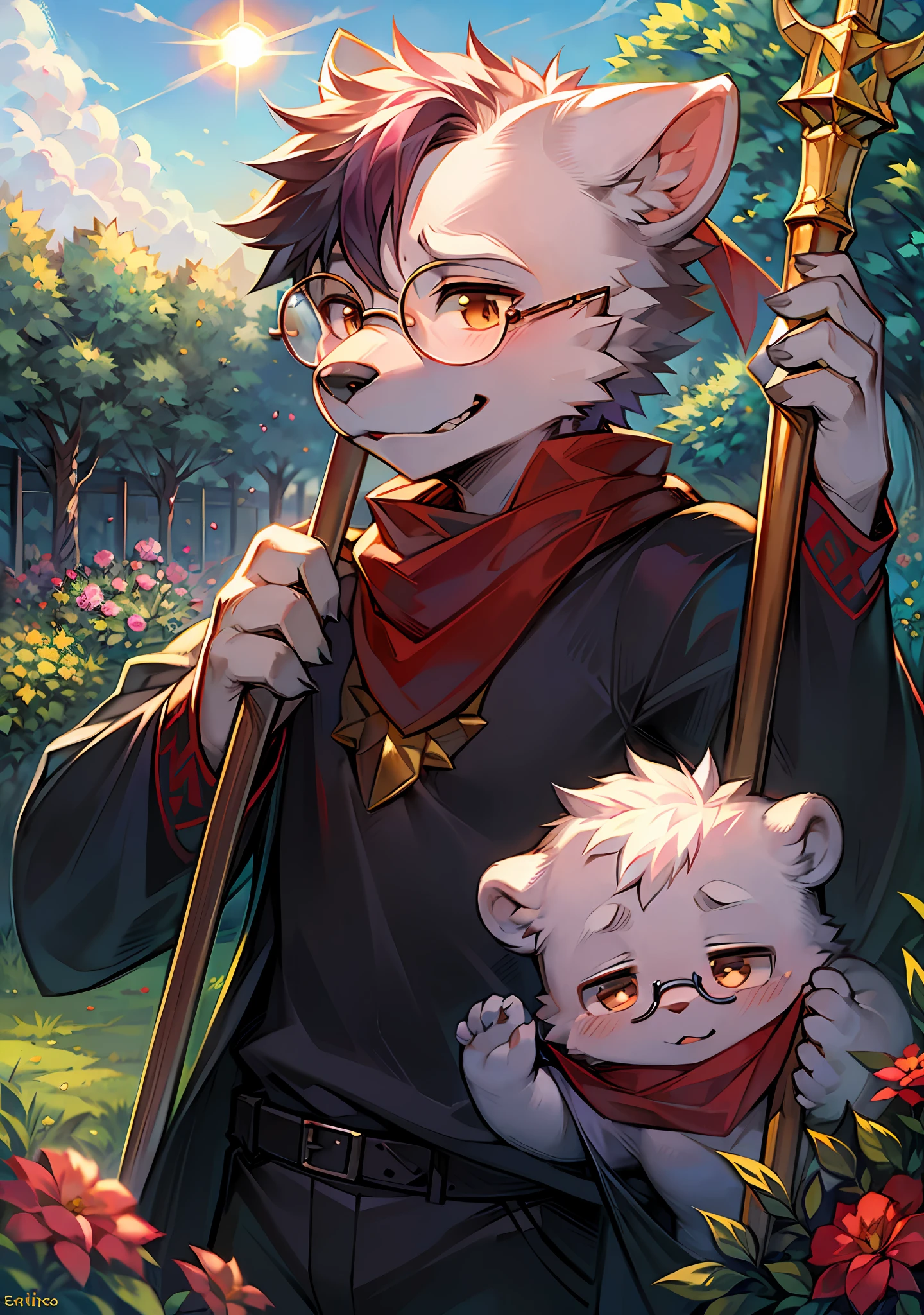 Orc, male, white bear magician, daytime, garden, plant, cute, wearing round glasses, staff, sky, sun, lone child boy, cub, red scarf