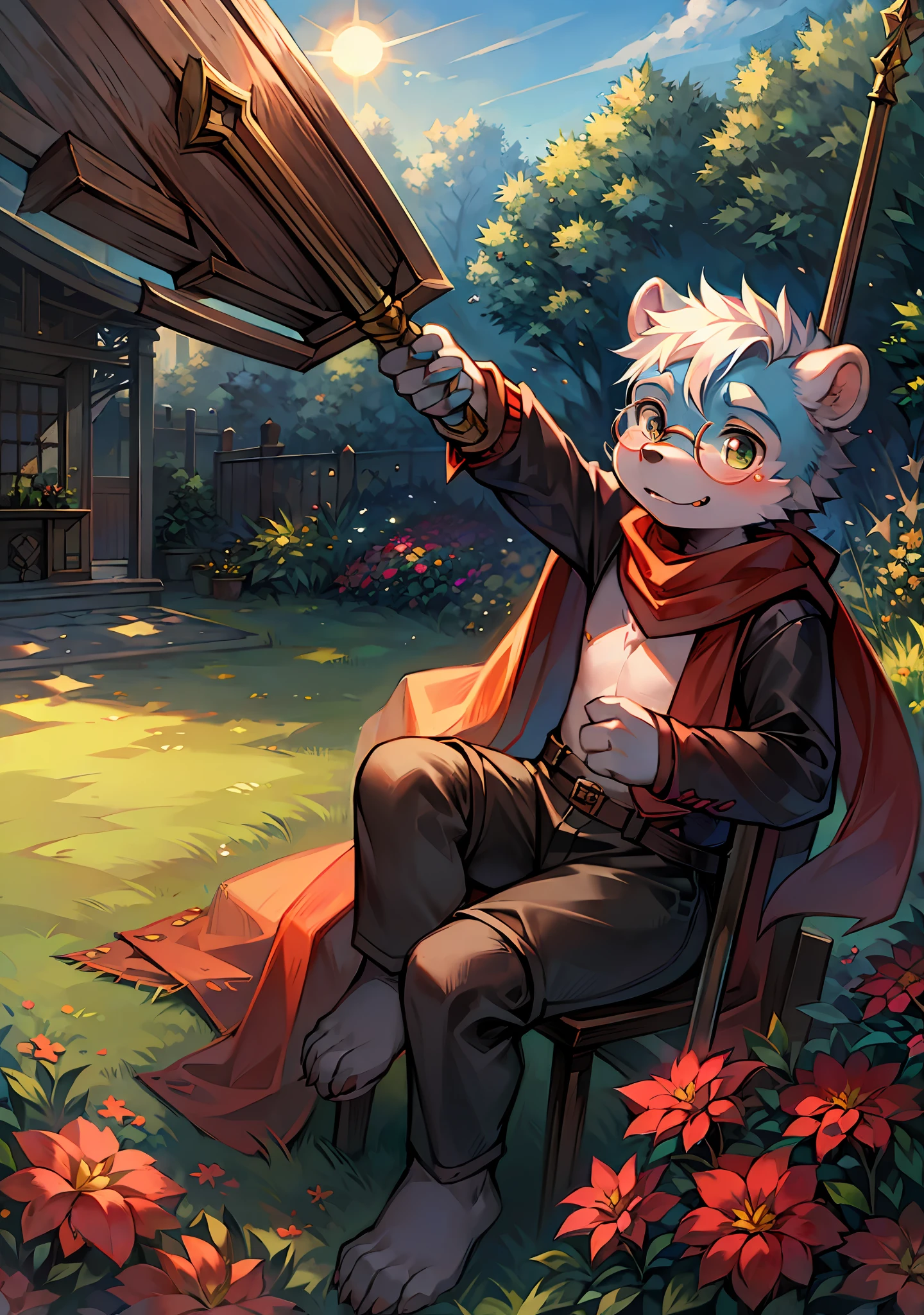 Orc, male, white bear magician, daytime, garden, plant, cute, wearing round glasses, staff, sky, sun, lone child boy, cub, red scarf