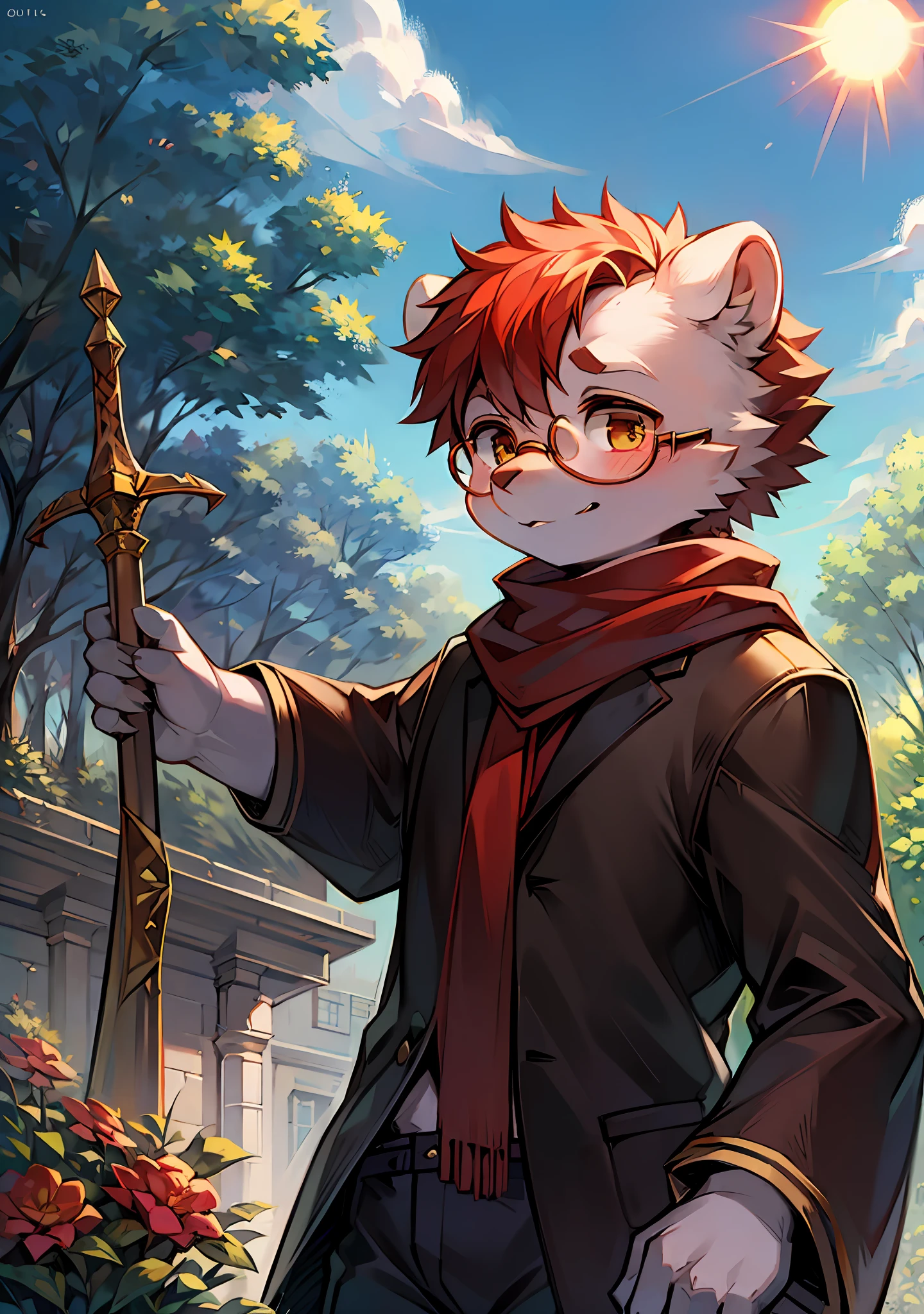 Orc, male, white bear magician, daytime, garden, plant, cute, wearing round glasses, staff, sky, sun, lone child boy, cub, red scarf