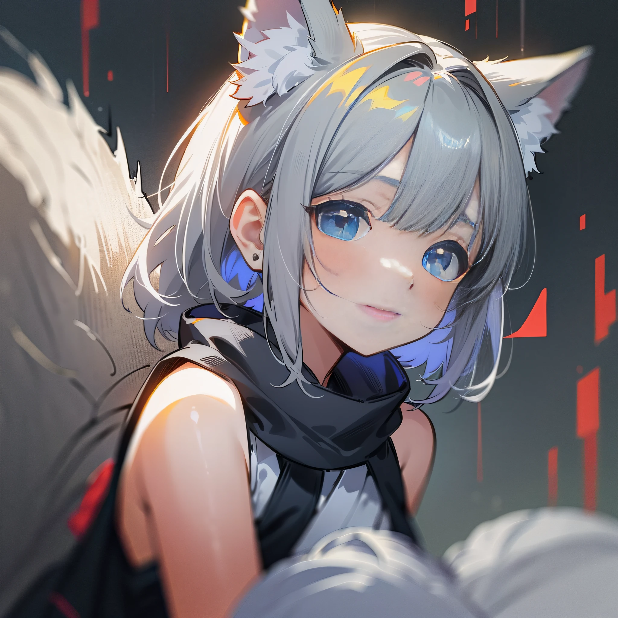 (1 girl), (gentle), (HD quality, masterpiece level), cute  characters, dark gray hair, blue eyes, (wolf ears), (wolf tail), one tail, (no ears), (littl), (ear covered), (hair covered ears), face camera, tachi-e,