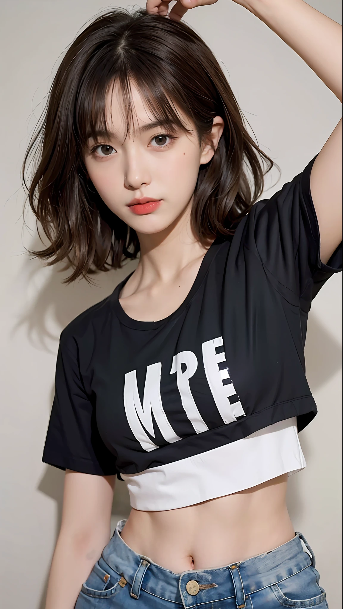 (Original photo: 1.2), (Realistic: 1.4), (Masterpiece: 1.3), (Best quality: 1.4), Dreamy, (detailed eyes), (detailed facial features), (detailed clothing features), Skin tightness, (Shiny skin), (Slim Girl), (Slim Girl), (Slim Girl), 1 Girl, Veronica Code, Solo, Cute, Bangs, Short brown hair, Black eyes, (Medium breasts), ((Shirt)), Dynamic pose, (Kodak Film Color) ((Camera not visible)) ((White Studio) (Studio Light) ,(crop top:1.4)