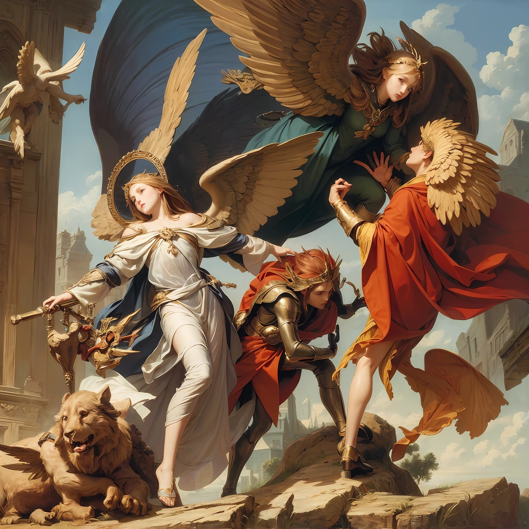 St. Michael the archangel fighting Lucifer in a timeless art with vivid colors --auto