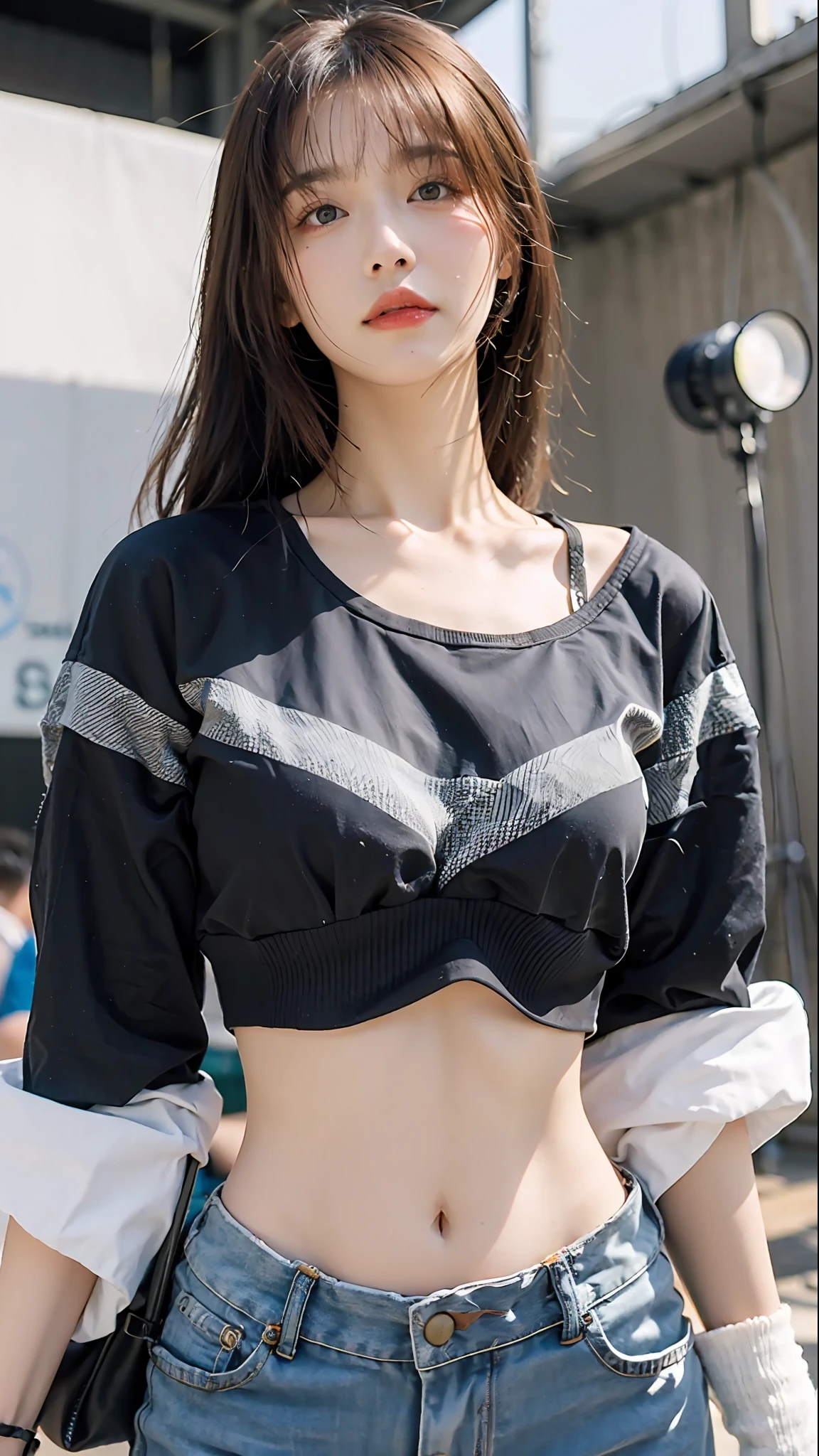 (Original photo: 1.2), (Realistic: 1.4), (Masterpiece: 1.3), (Best quality: 1.4), Dreamy, (detailed eyes), (detailed facial features), (detailed clothing features), Skin tightness, (Shiny skin), (Slim Girl), (Slim Girl), (Slim Girl), 1 Girl, Veronica Code, Solo, Cute, Bangs, Short brown hair, Black eyes, (Medium breasts), ((Shirt)), Dynamic pose, (Kodak Film Color) ((Camera not visible)) ((White Studio) (Studio Light) ,(crop top:1.4)