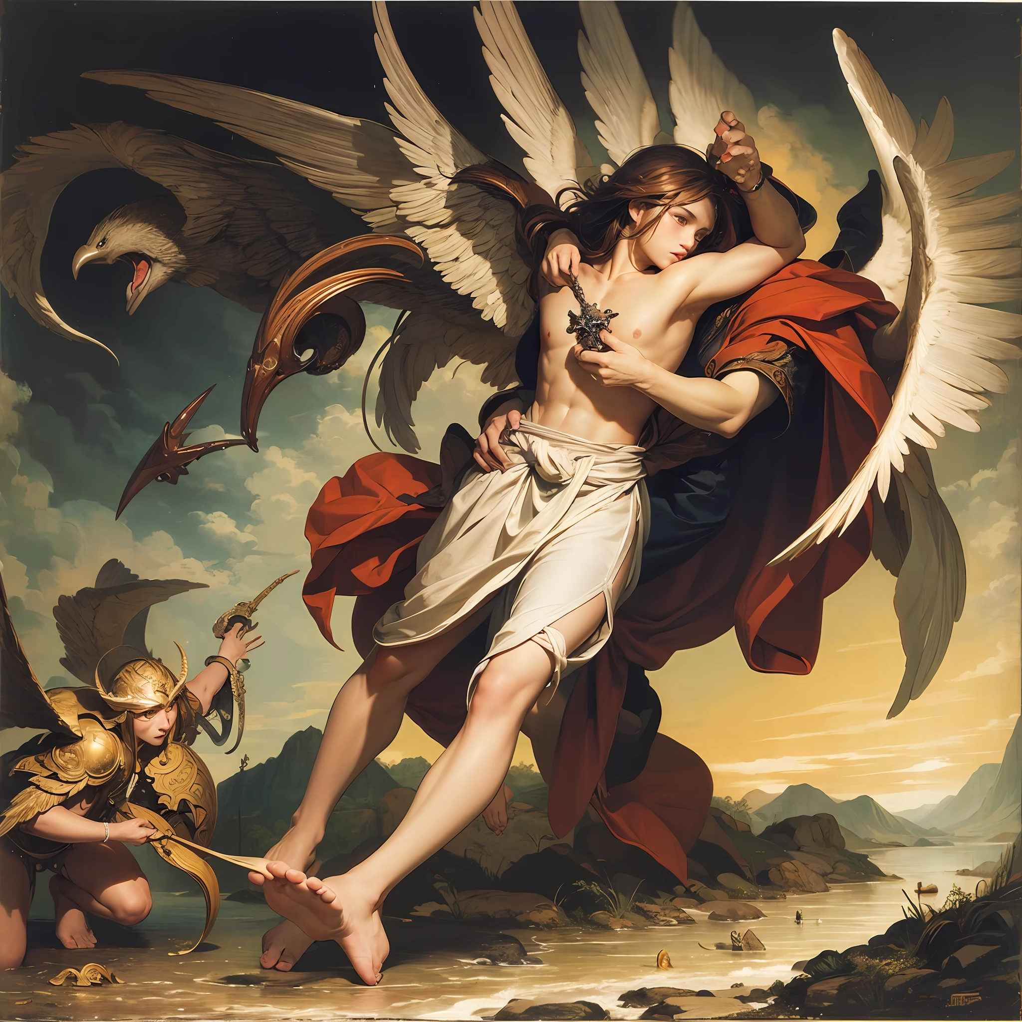 St. Michael the archangel fighting Lucifer in a timeless art with vivid colors --auto