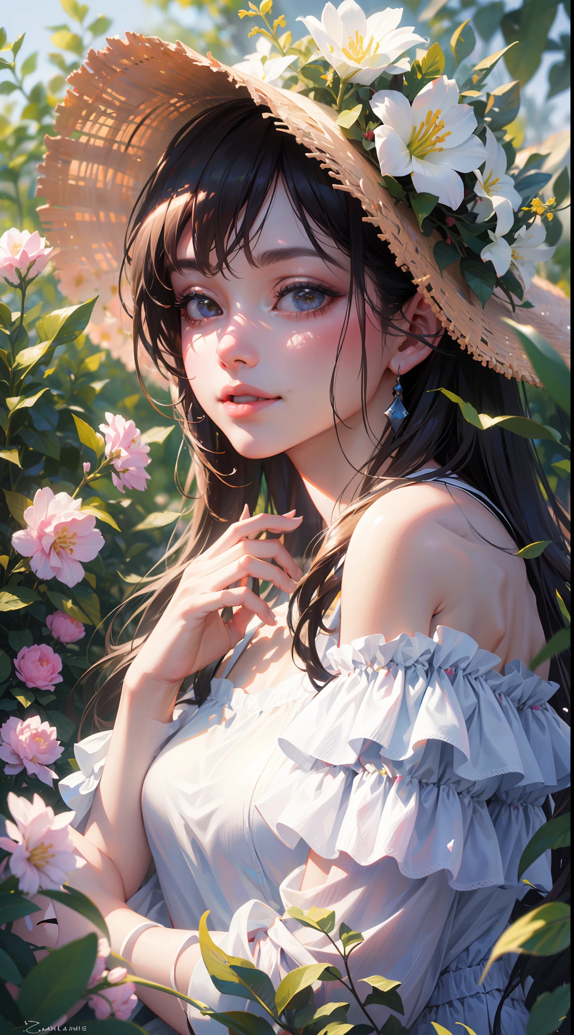 Best quality, masterpiece, ultra high res, (photorealistic:1.4), raw photo, 1girl, white dress, off shoulder, blossom flower field, glowing skin, light smile