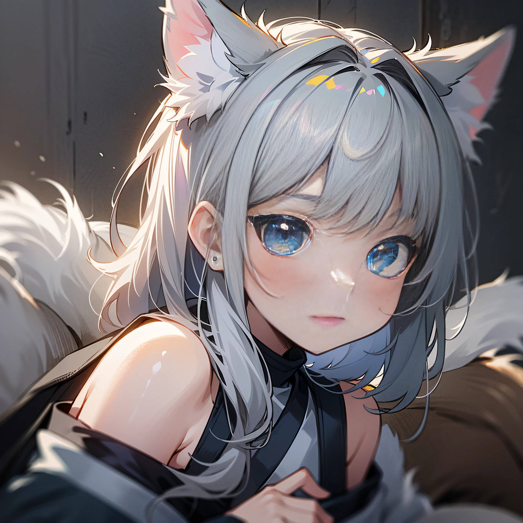 (1 girl), (gentle), (HD quality, masterpiece level), cute characters, dark gray hair, blue eyes, (wolf ears), (wolf tail), one tail, (no ears), (littl), (ear covered), (hair covered ears), face camera, tachi-e,