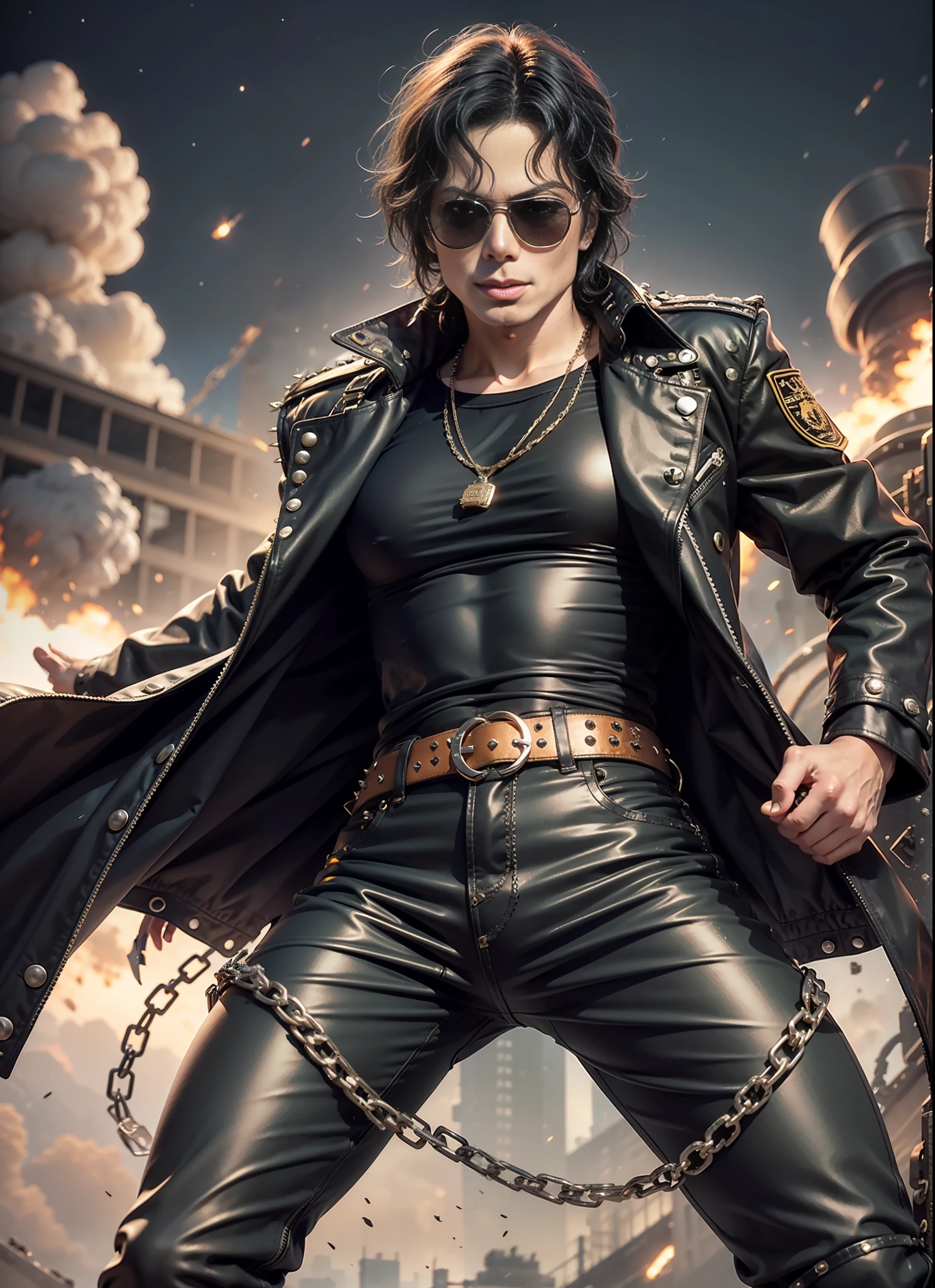 Michael jackson, sunglasses, black pants with rivets, 1 black belt, long coat, long t-shirt, rivets, holster, rivets, chains, just one body, front view, night, explosions behind, plays electric guitar