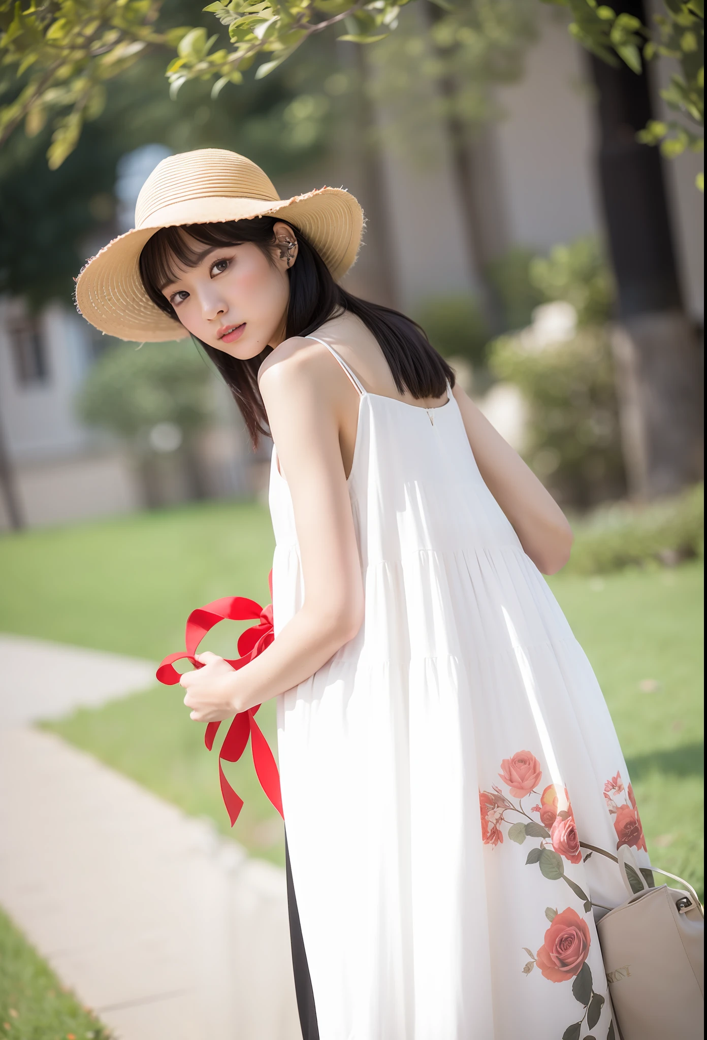 Best quality, masterpiece, super high resolution, (realistic: 1.4), original photo, edited photography, fantasy art
(A woman in her 30s), a woman standing on the path of Graden, (half: 1.3), black hair, short hair, sympathetic face, brown eyes. A faint smile, looking at the audience, (red suit: 1.2), (white shirt), black silk dress, (colorful and dense flower clusters: 1.3). (bright flower color: 1.3, red rose: 1.2, floating skaura_petals) smoke, real-world location, deep contrast, depth of field, dark background, break award-winning photograph, neoism, exposure blend, bokeh, (hdr:1.4), high contrast, (cinematic light), (muted colors),sony A7,F2.4, low saturation, (hyperdetailed:1.2), (????:0.4)