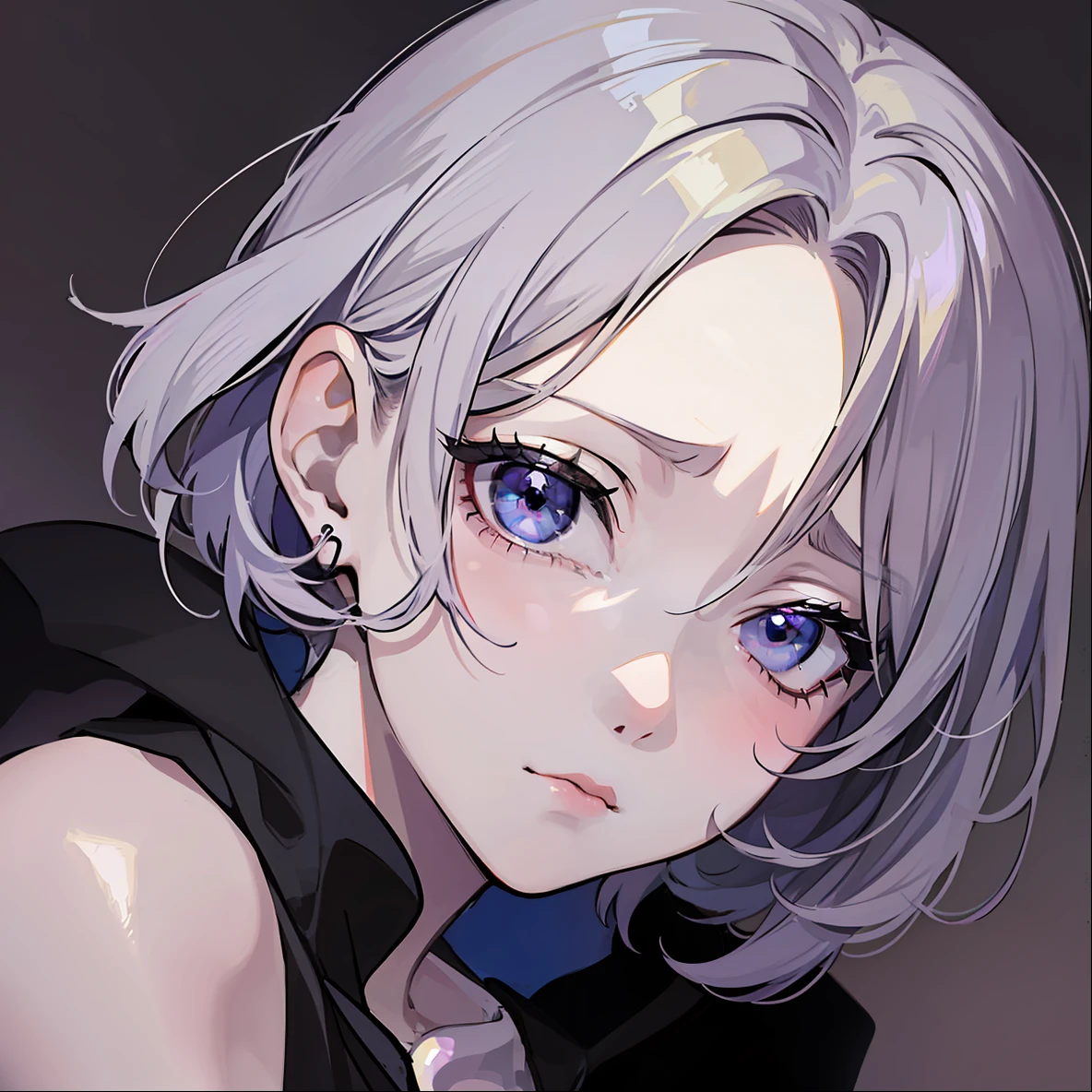 ((masterpiece)), ((best quality)), ((anime)), ((old effect)), ((90s anime)), girl, pale skin, ((black eye)), (( perfect)), eyebrow, nose, ear, mouth, lips, ((sad)), black short straight hair, ((dark lilac background)), lascivious,