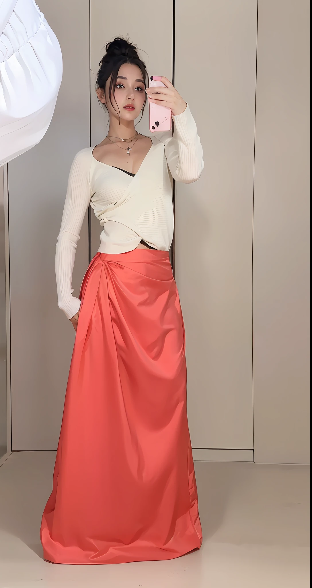 ((Realistic lighting, Best quality, 8K, Masterpiece: 1.3)), Clear focus: 1.2, 1girl, Perfect 24-year-old beauty: 1.4, Slim abs: 1, Black hair)), (White top: 1.4), (Outdoor, night: 1.1), (Flowing salmon silk skirt, long skirt, with white long-sleeved top, dress photo,) city street, super fine face, fine eyes, double eyelids