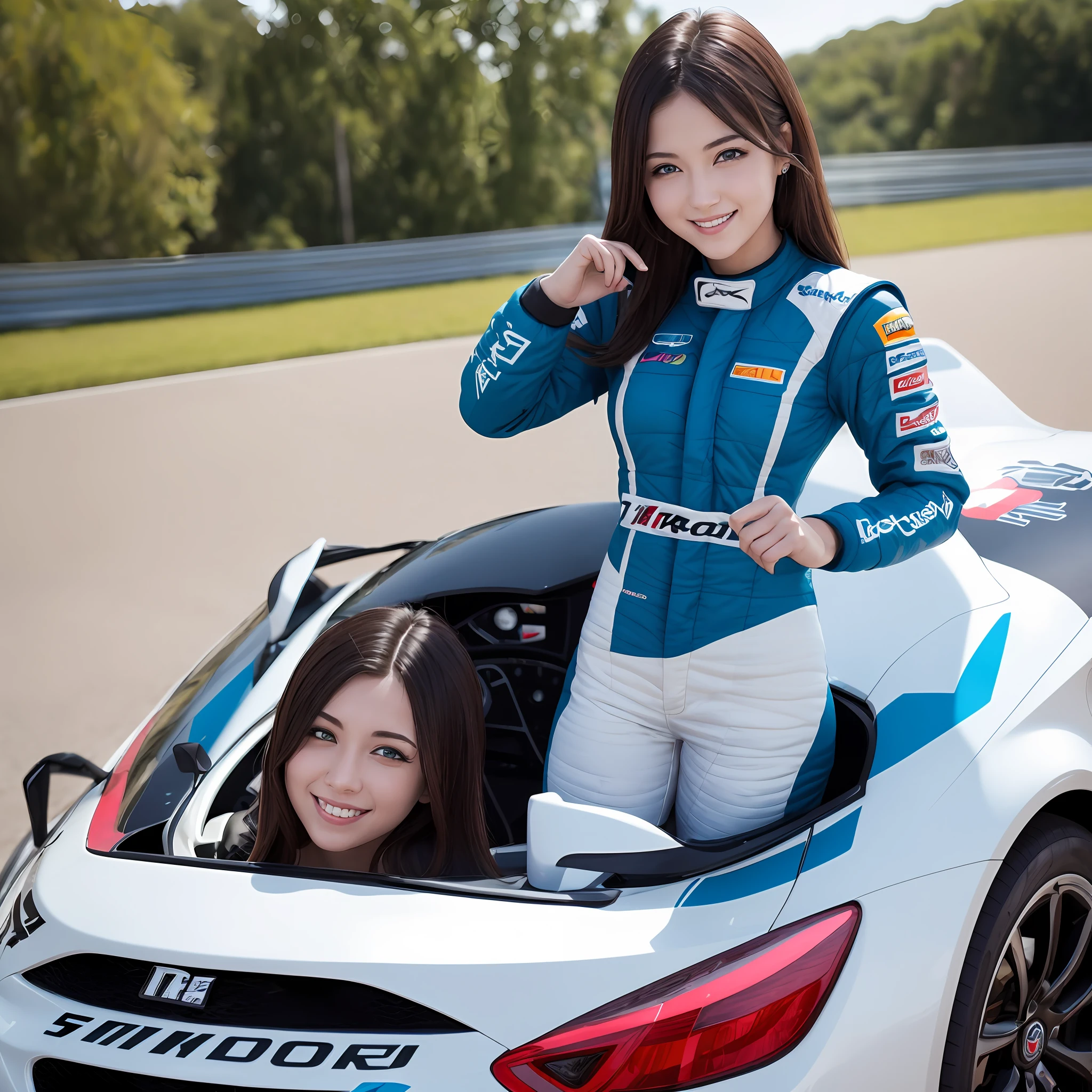 car racer, one girl, beautiful woman, top quality, raw photo, super high quality, erotic, ultra high definition blue eyes, smile --auto