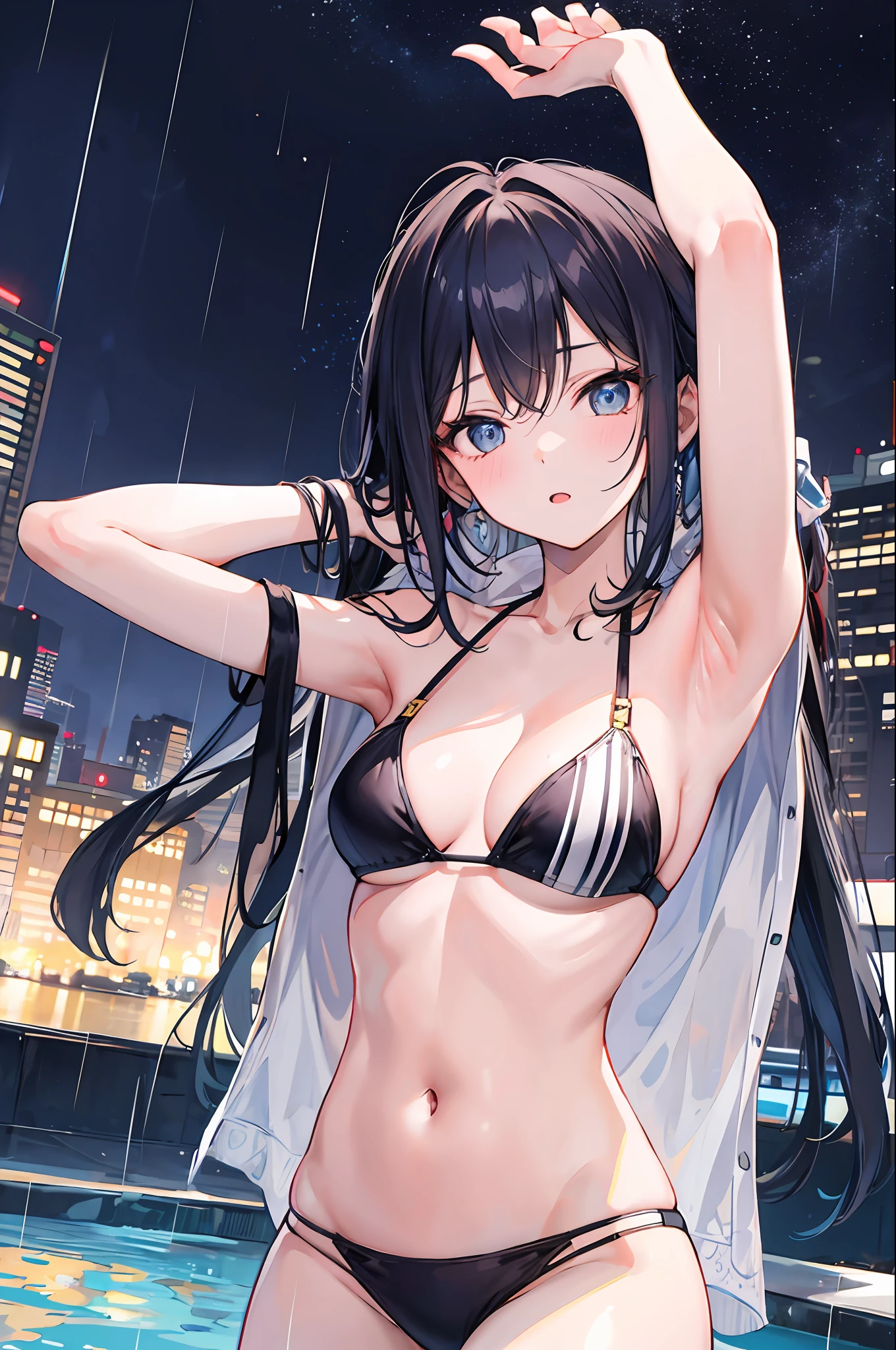 1girl,night city,rain, bikini , armpit