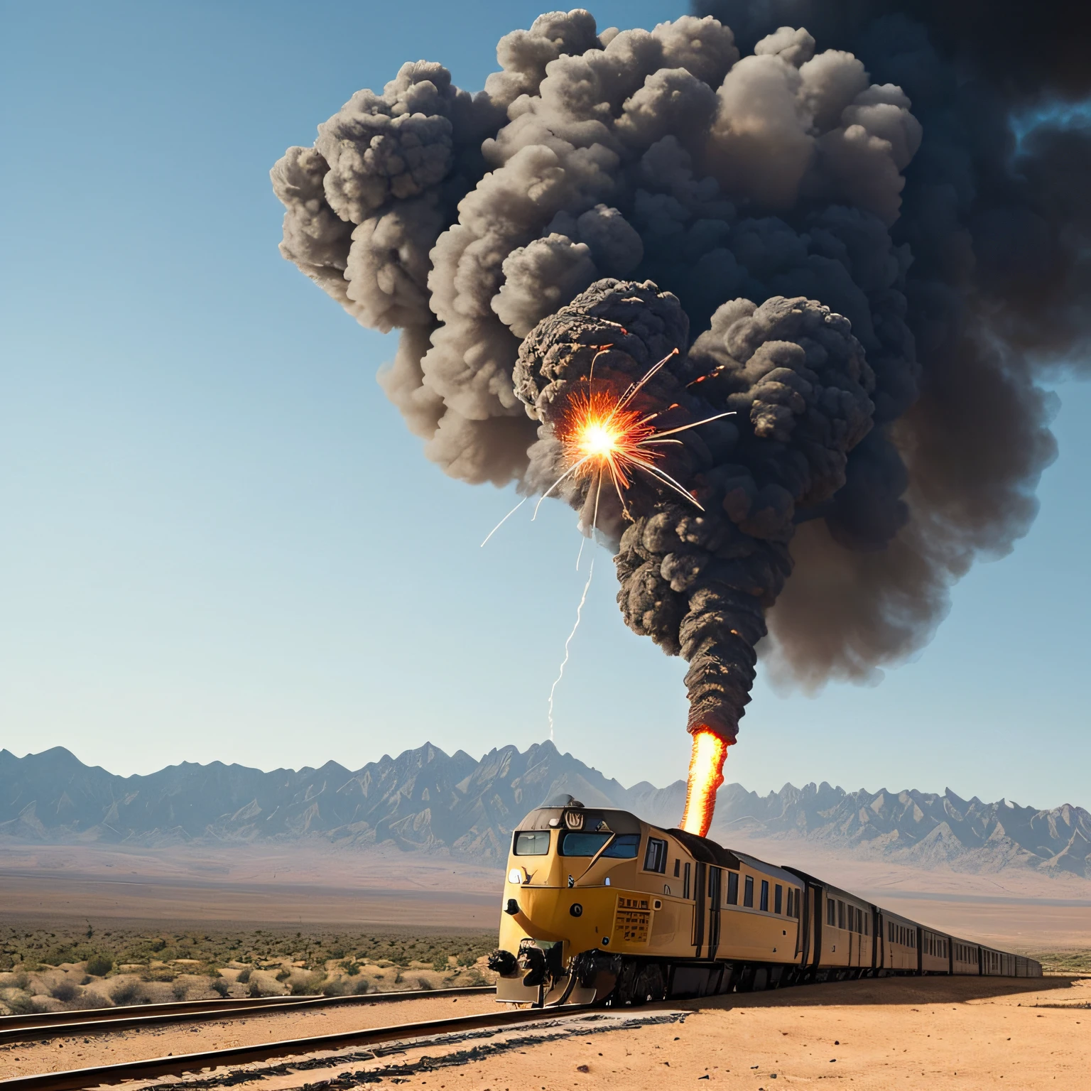Tom Cruise featured a thrilling stunt atop a moving train, with explosions and action in the background. Specific details include Tom Cruise in a dynamic and courageous pose, balancing perfectly at the top of the train at high speed, his hair in the wind and his determined expression. The environment is a desert setting, with mountains in the distance and trails that stretch to the horizon. The atmosphere is intense, with explosions, sparks and smoke filling the air, conveying the impending danger. The image will be executed in cinematic style, with a cinema camera capturing every detail of the thrilling action. --Air 16:9 --V Cinematography, Cinema Camera --auto