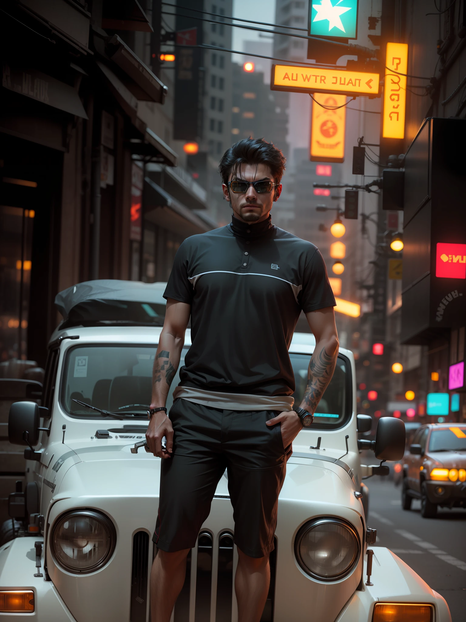 "Transform a jeep into a cyberpunk car and equip the character with cyberpunk guns in their hands. Give the character a realistic face and add goggles."