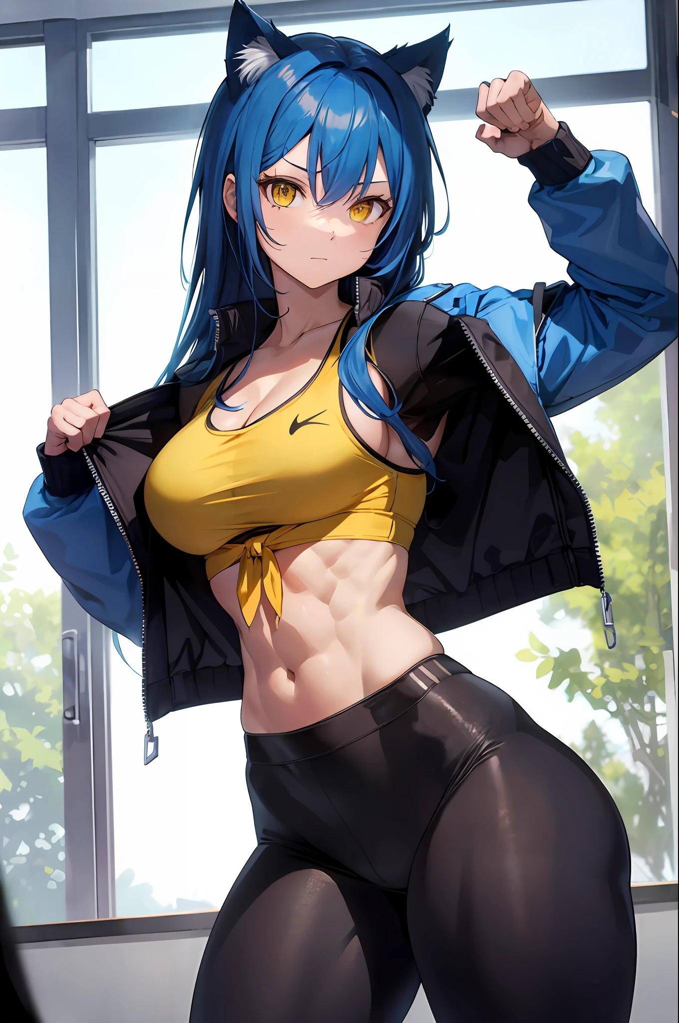 Masterpiece,best quality,high resolution,30 year old woman,blue hair,tied hair,beautiful face,yellow eyes,bright eyes,cat ears,perfect body,athletic body,milf,bodybuilder pose, small breasts, thick thighs,big ass,round buttocks,bodybuilder,jacket on top,bra, leggings,standing,expression of pleasure, inside the room