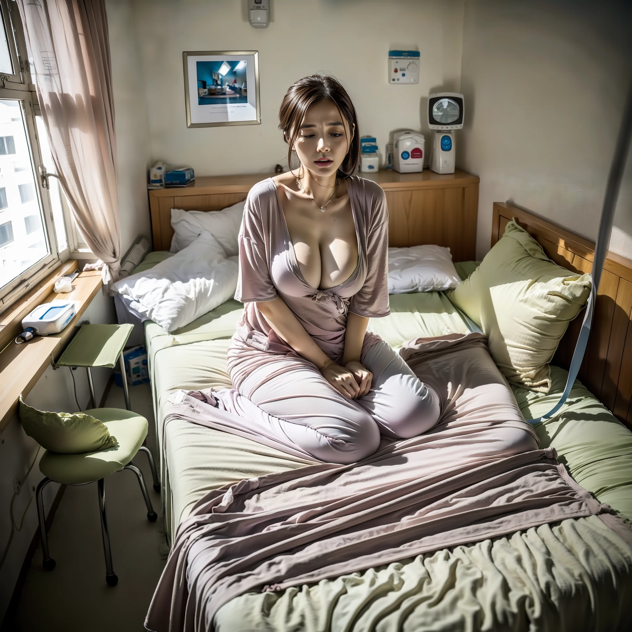 The highest quality, 16K, masterpiece, portrait, full body shot, (A scene in a shabby hospital room where a patient is bedridden, sleeping on the shabby bed), yawn and closed eyes face, ((outfit: patient clothes with huge breasts)),