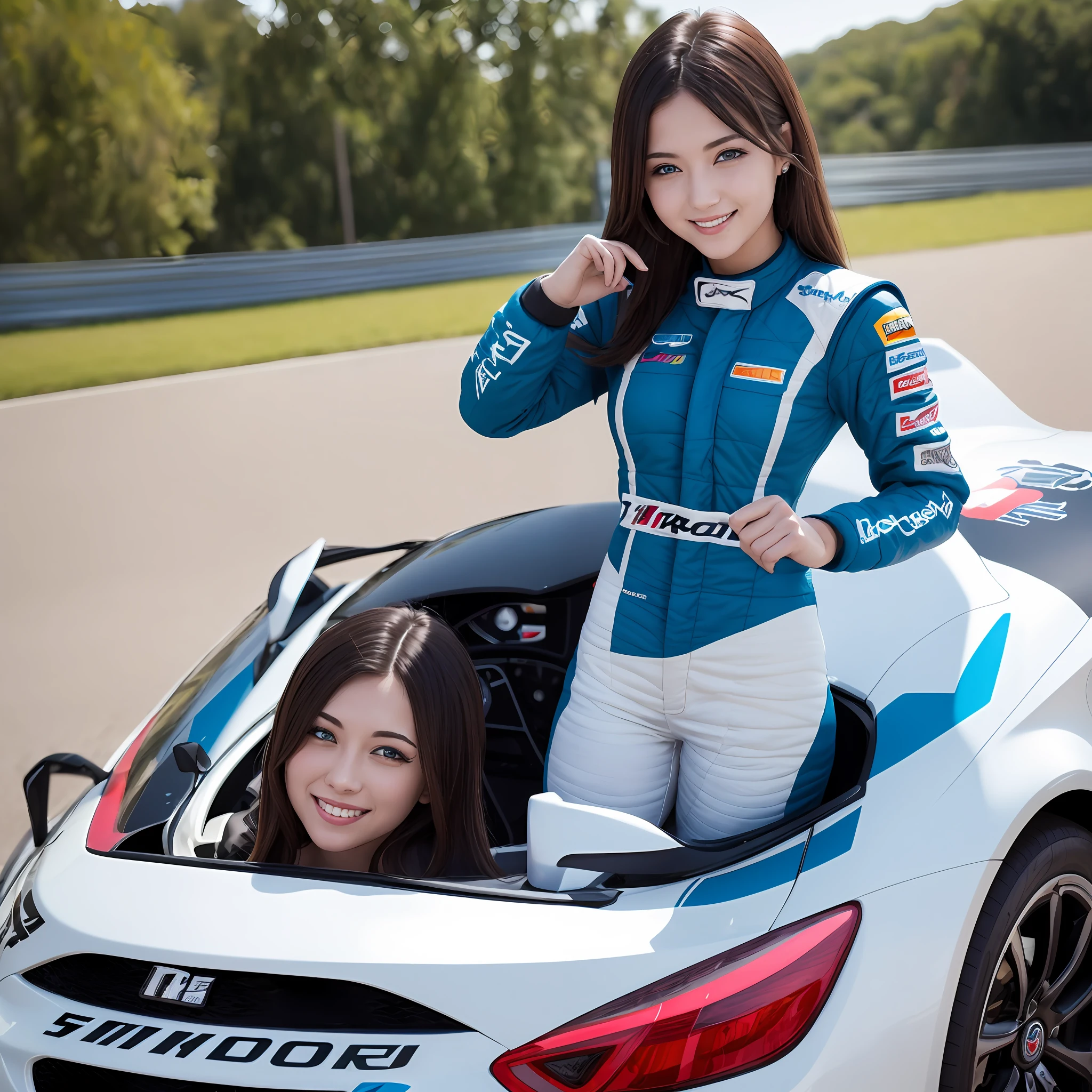 car racer, one girl, beautiful woman, top quality, raw photo, super high quality, erotic, ultra high definition blue eyes, smile --auto