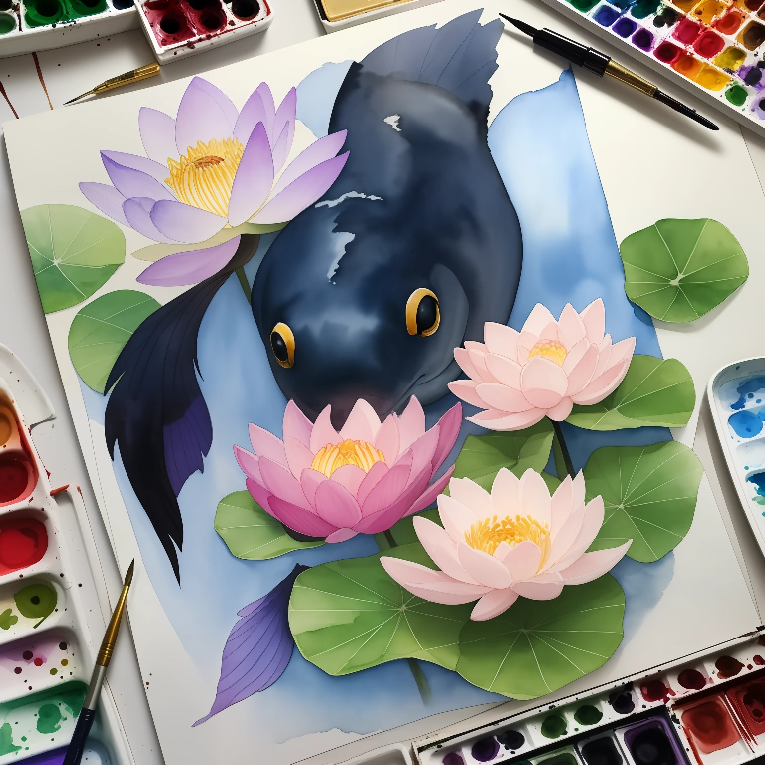 Transparent watercolor of black goldfish and large lilac lotus flower